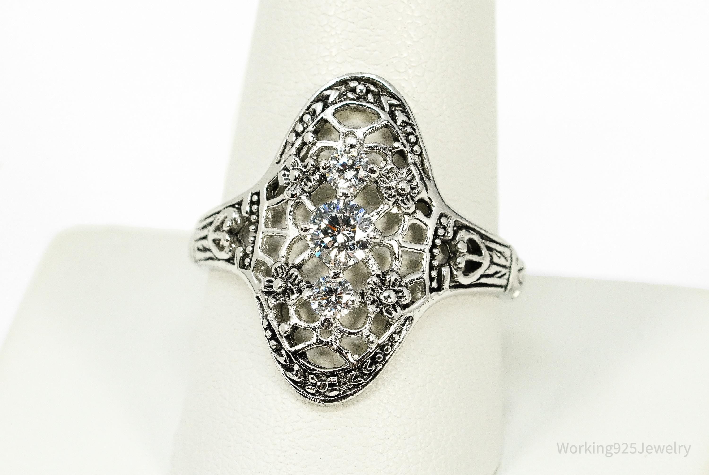 Vintage Cubic Zirconia Ornate Sterling Silver Ring - Size 10.25