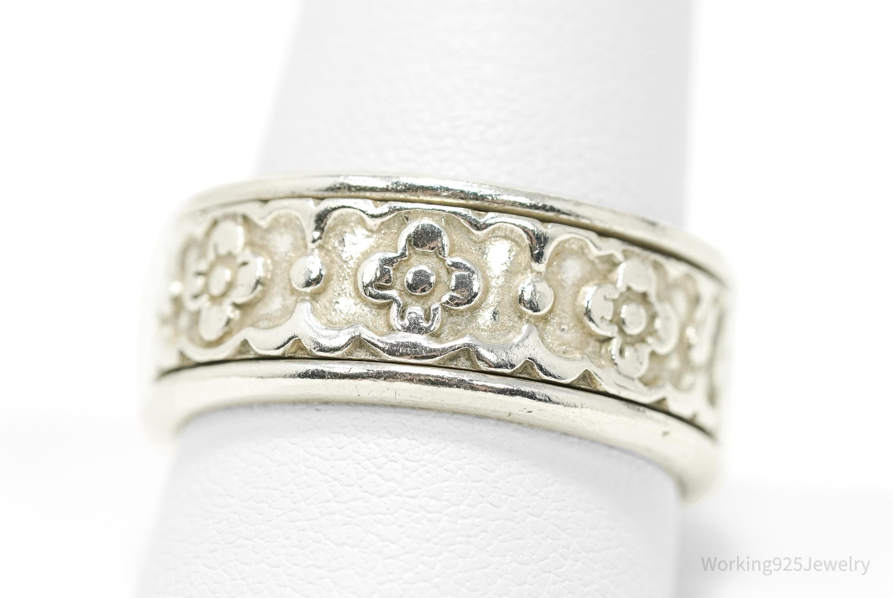 Vintage Mexico Flowers Pattern Sterling Silver Band Ring - Size 11.5