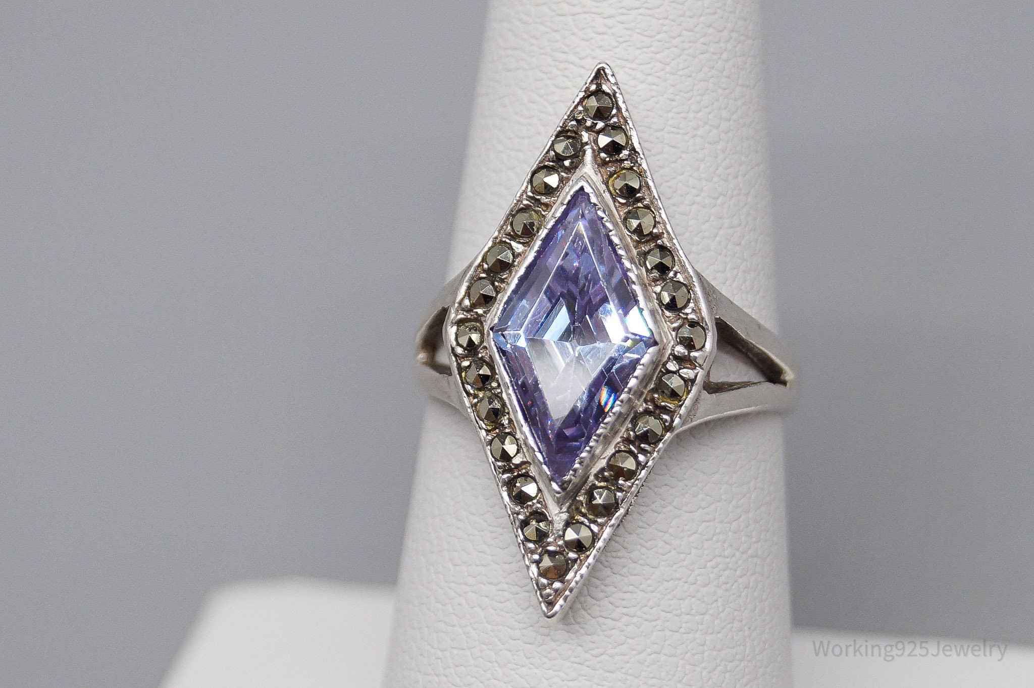 Vintage Purple Cubic Zirconia & Marcasite Sterling Silver Ring - Size 6.75