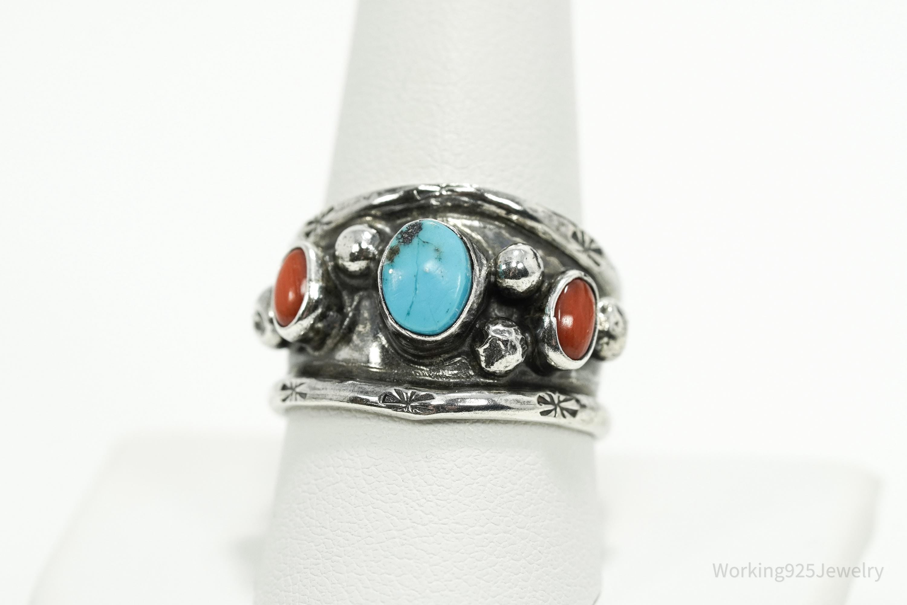 Vintage Native American Turquoise & Coral Unsigned Silver Ring - Size 9.75