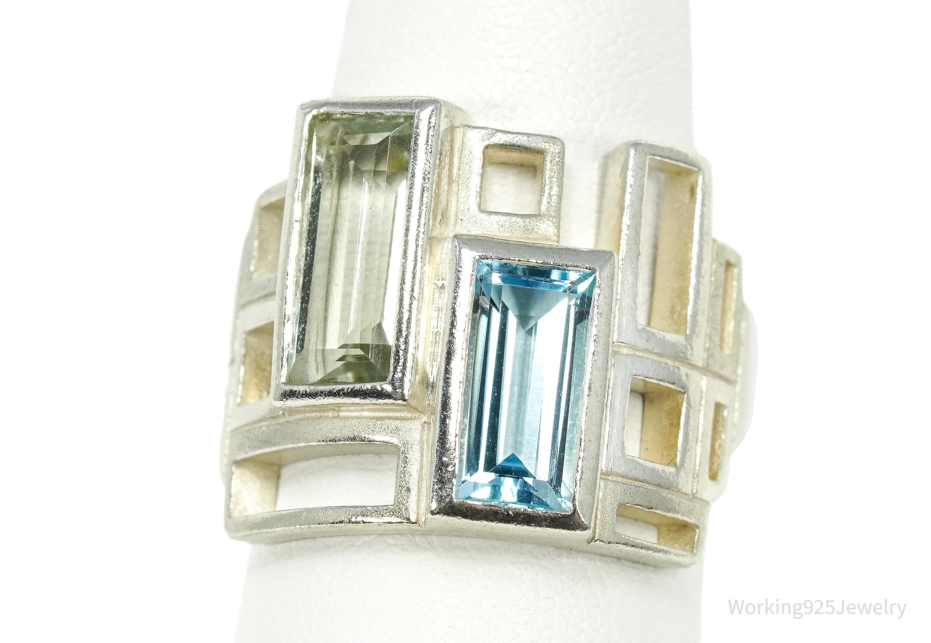 Vintage Green Amethyst & Blue Topaz Modernist Style Sterling Silver Irish Ring - Size 7.25