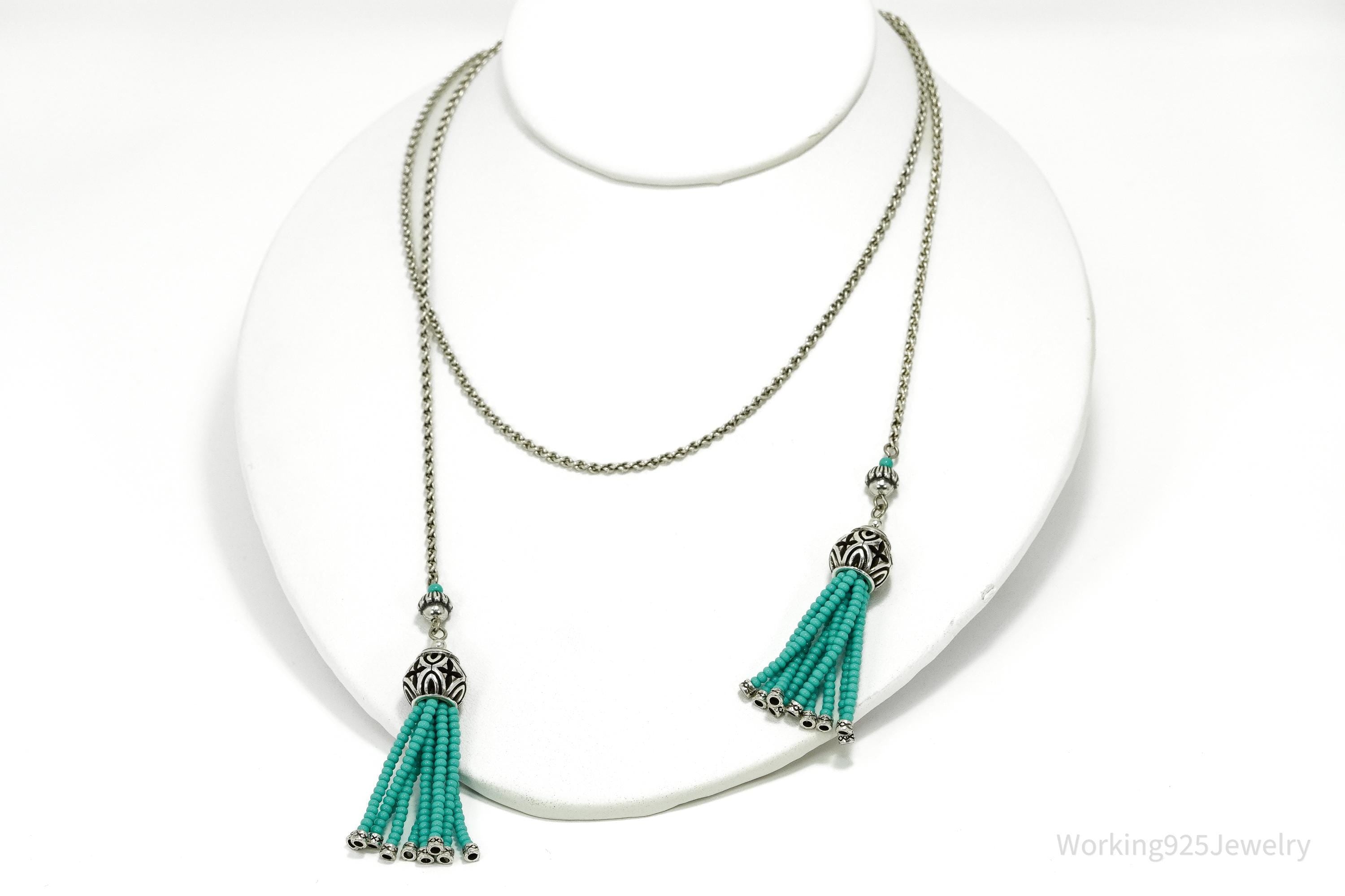 Long Vintage Turquoise Beaded Silver Chain Necklace 44"