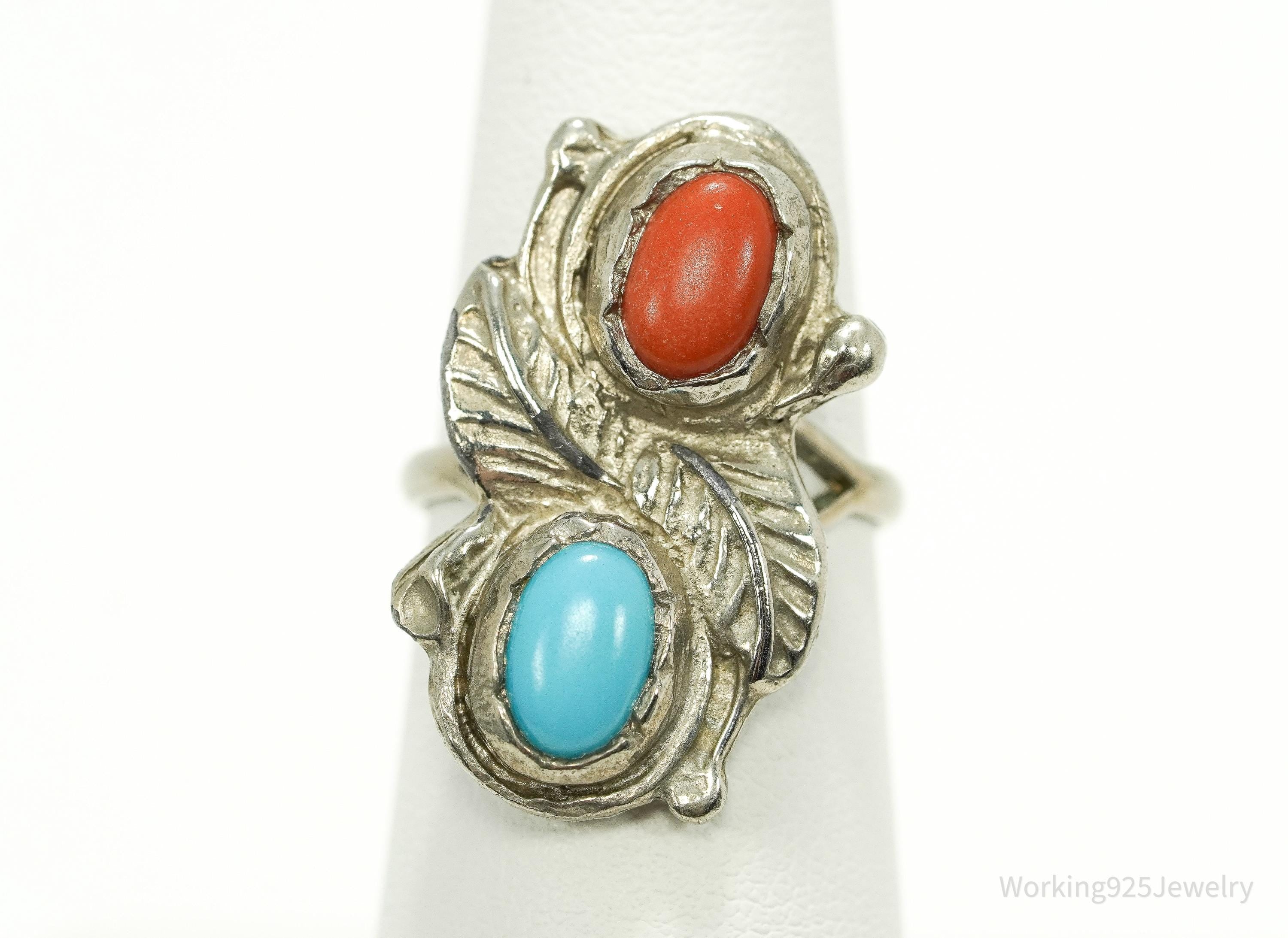 Vintage Native American Turquoise & Coral Unsigned Silver Ring - Size 6.25