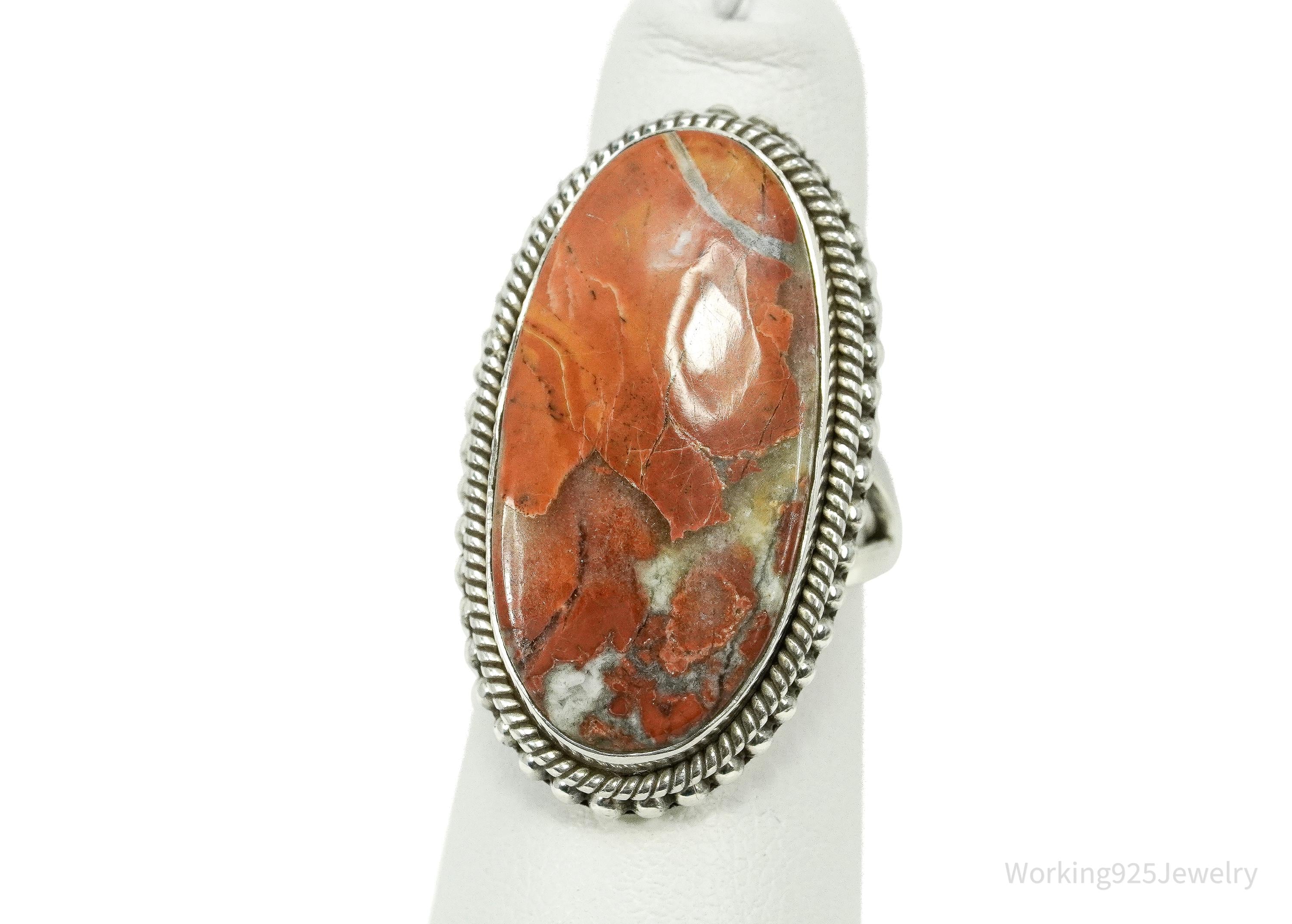 Vintage Large Orange Maligano Jasper Sterling Silver Ring - Size 5.5