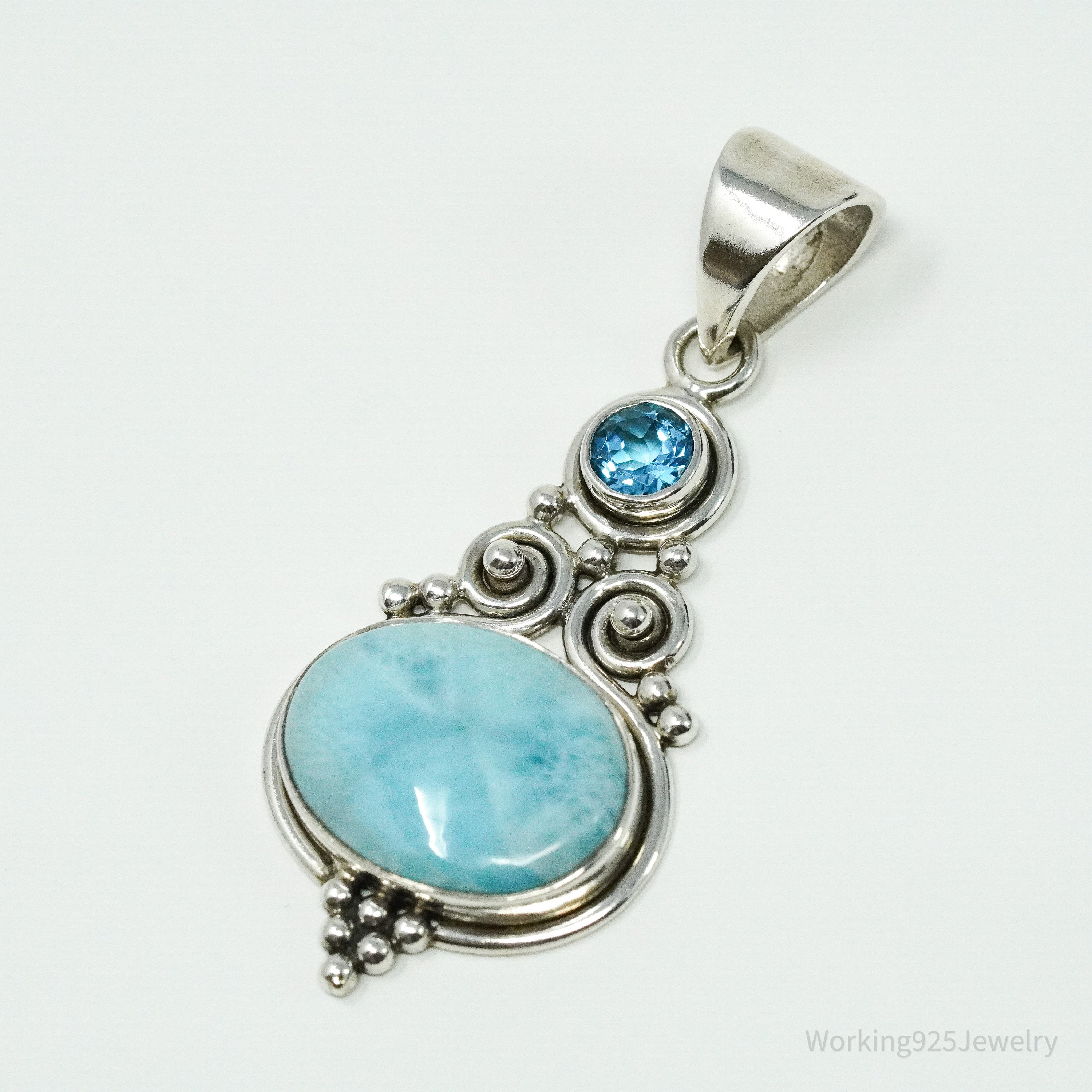 Vintage Designer SJ Blue Larimar & Blue Topaz Sterling Silver Pendant