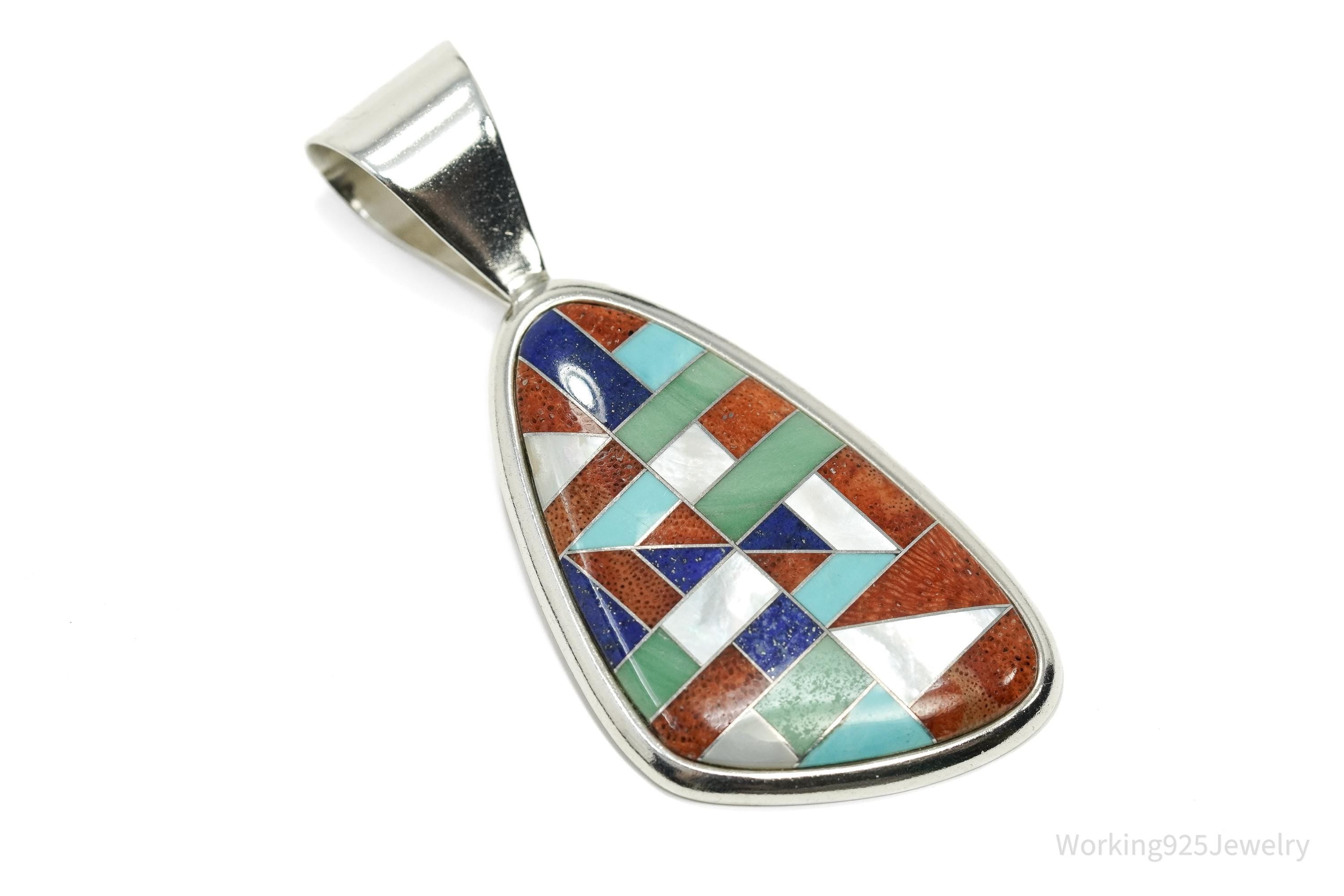 Vintage Large Desert Rose Trading Multi Gem Inlay Sterling Silver Pendant 2.5"