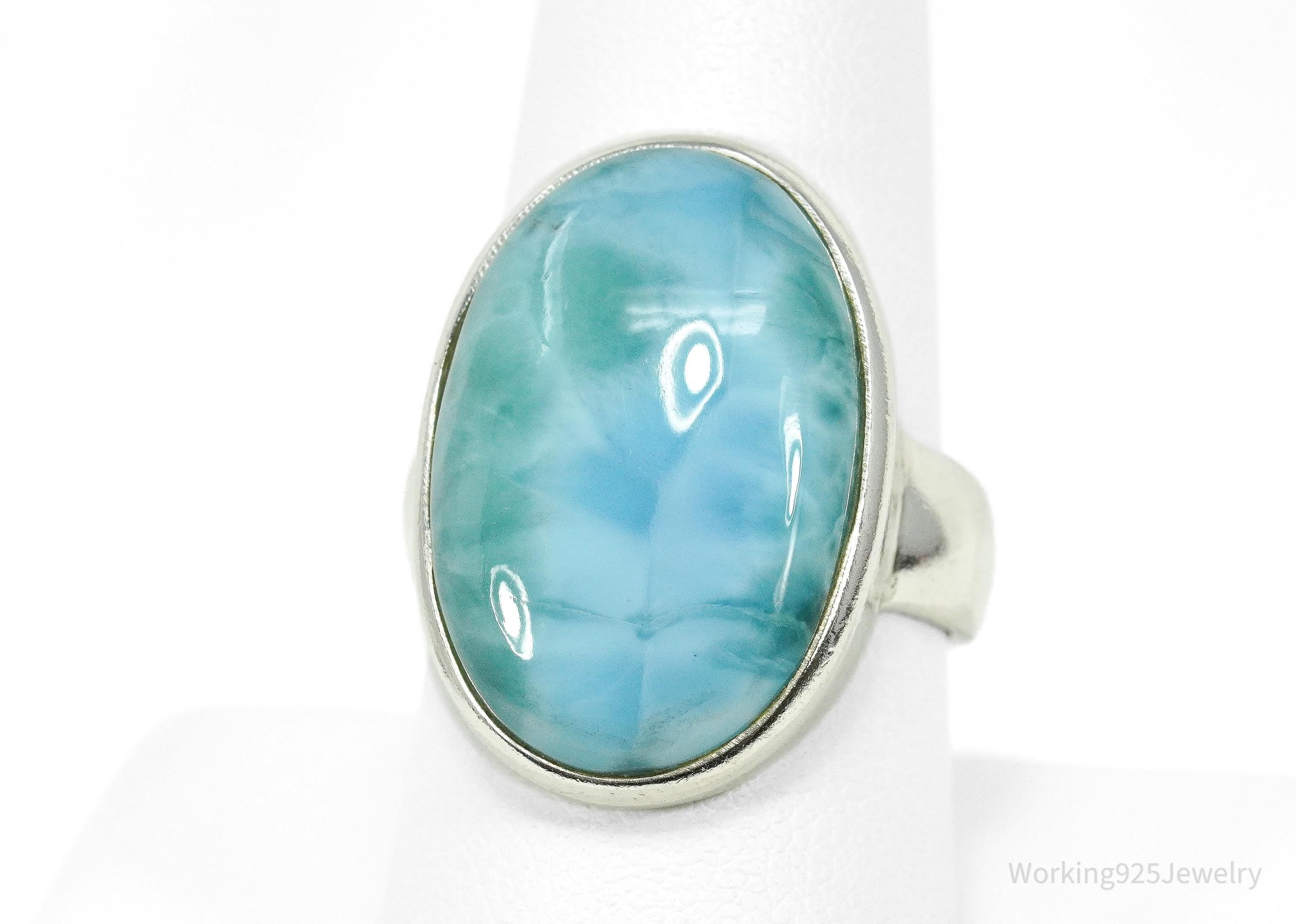 Vintage Large Blue Larimar Sterling Silver Ring - Size 9