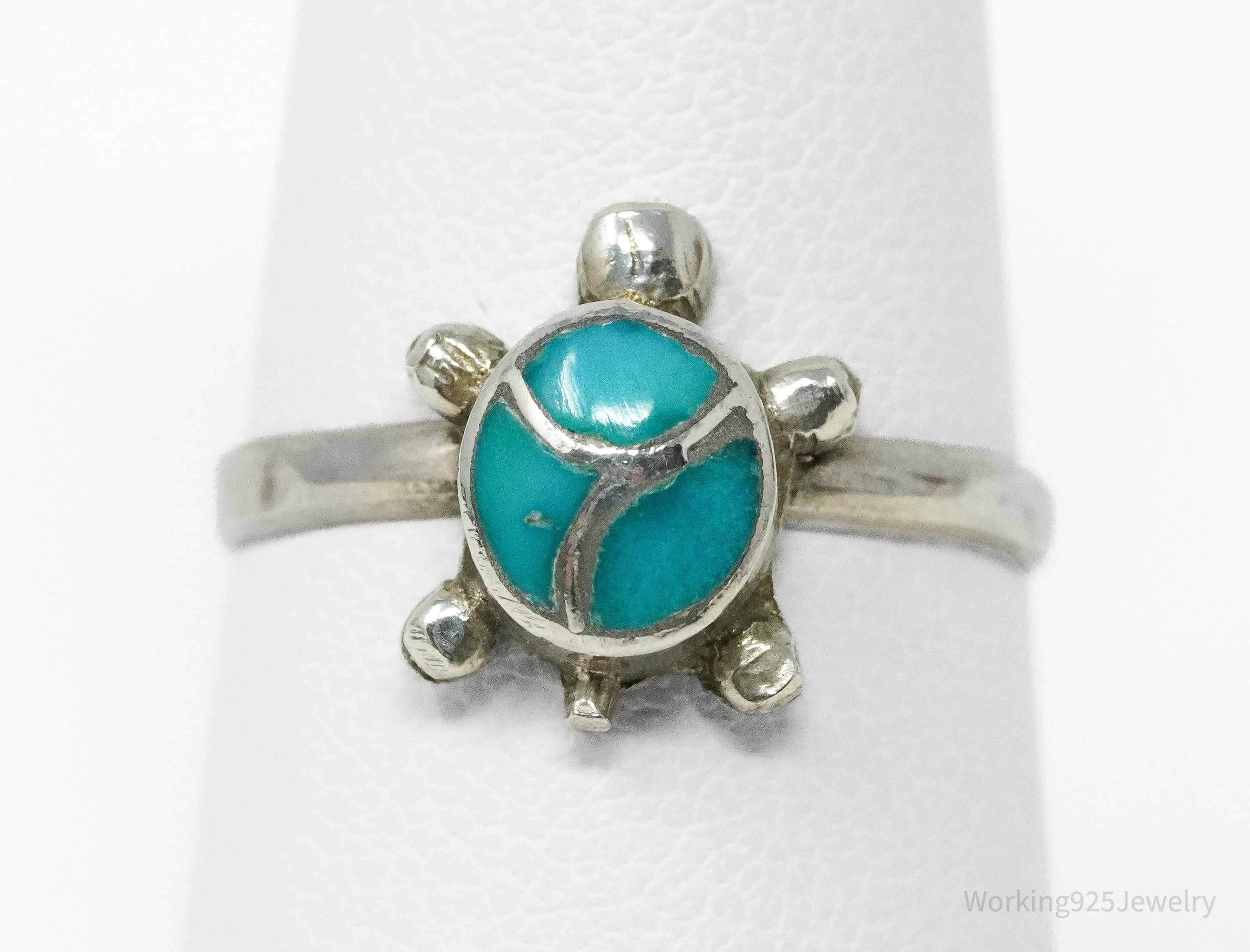 Vintage Native American Turquoise Inlay Turtle Handmade Silver Ring - Size 6.75