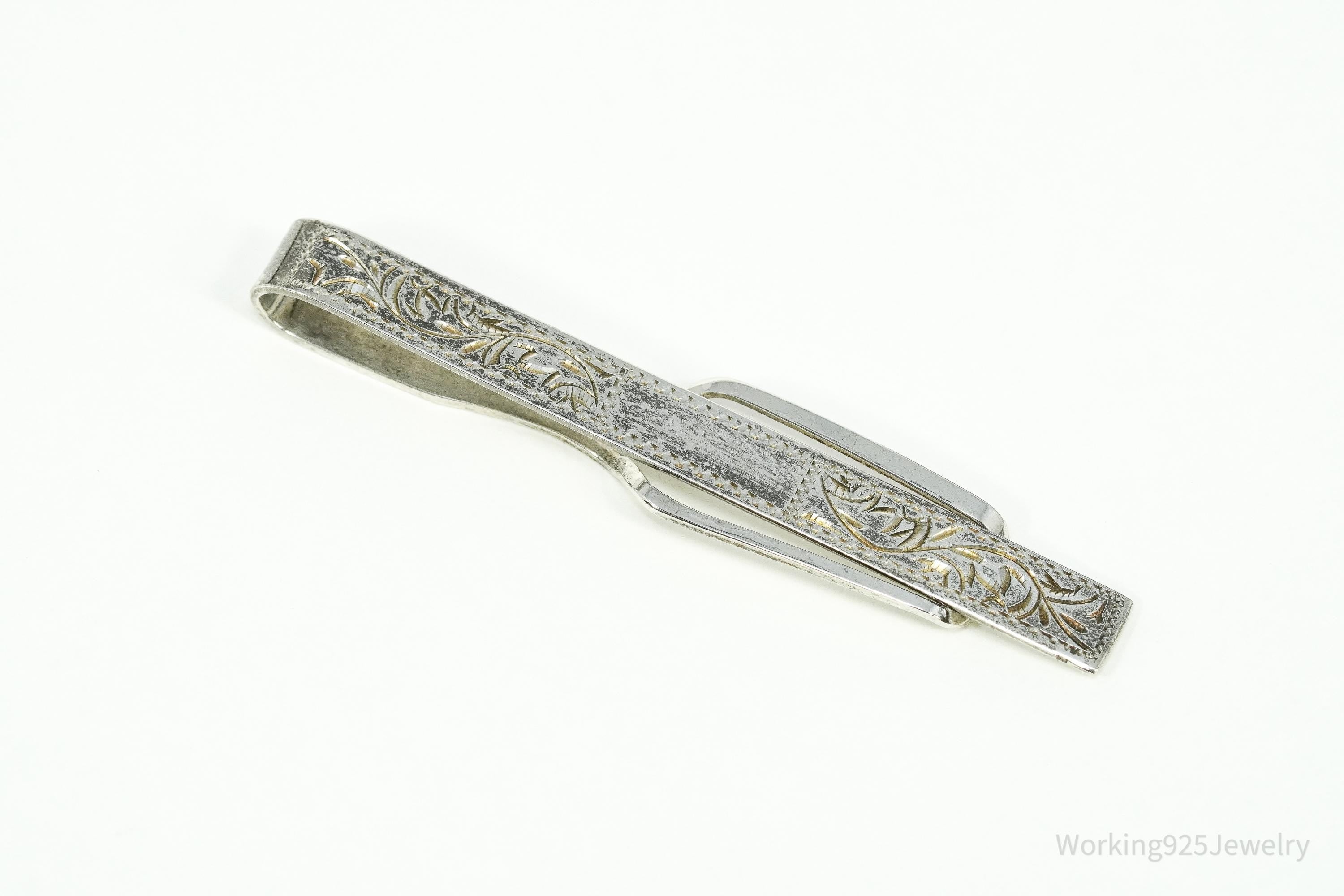 Vintage Floral Etched 950 Sterling Silver Money Clip Tie Clip