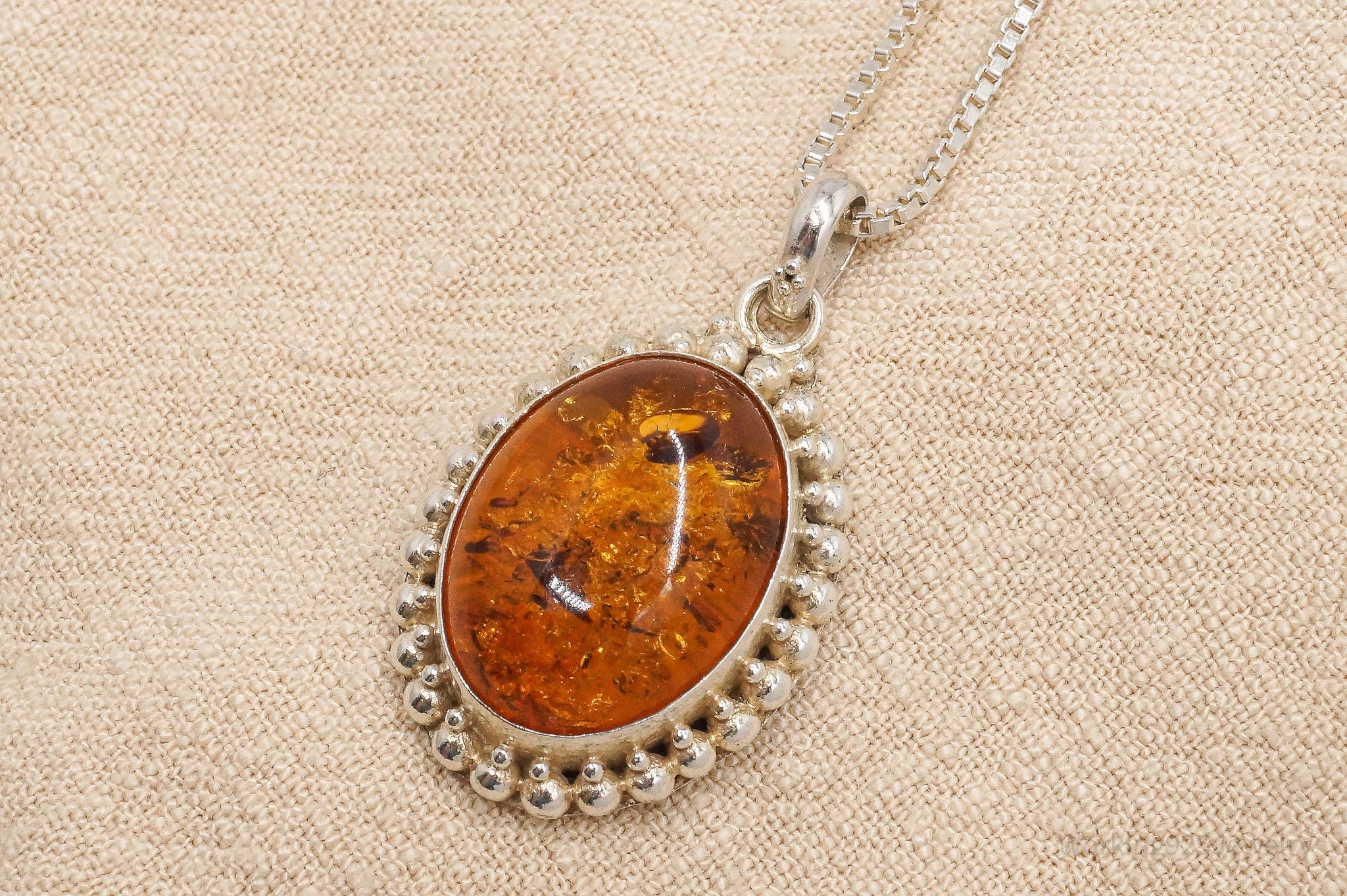 Vintage Large Amber Sterling Silver Chain Necklace 24"