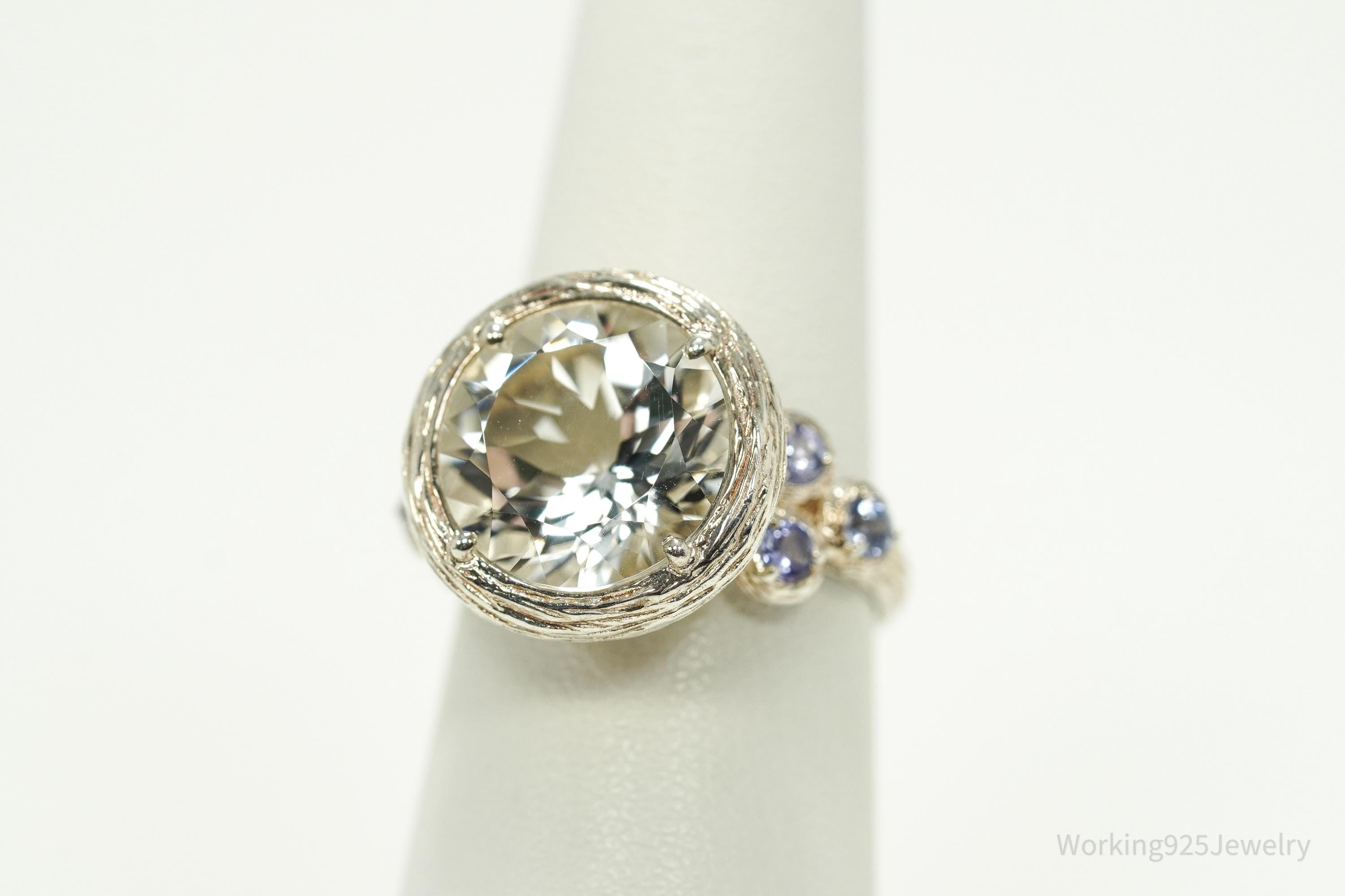 Vintage Israel Designer Paz PZ Clear Quartz & Tanzanite Sterling Silver Ring - Size 6.25