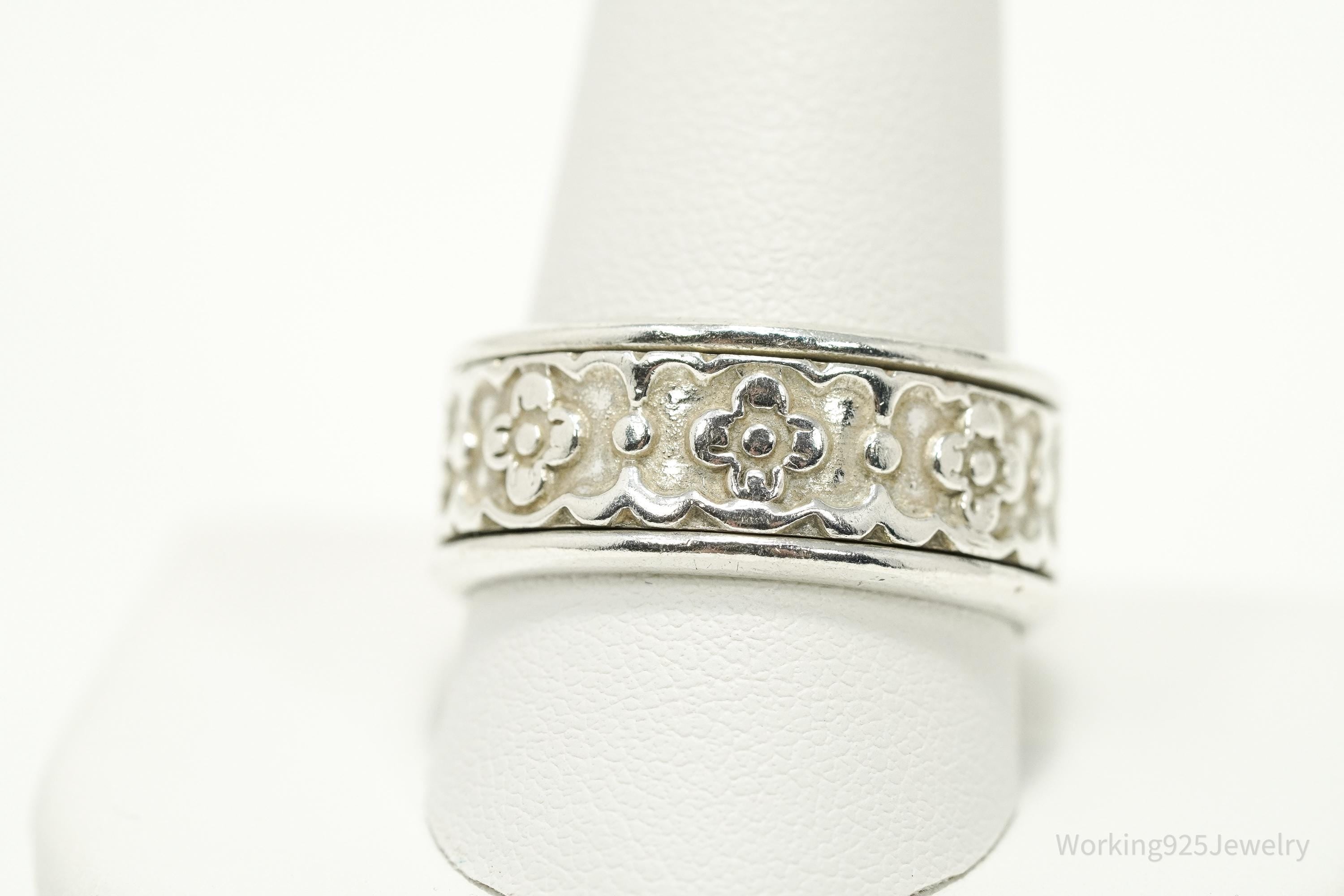 Vintage Mexico Flowers Pattern Sterling Silver Band Ring - Size 11.5