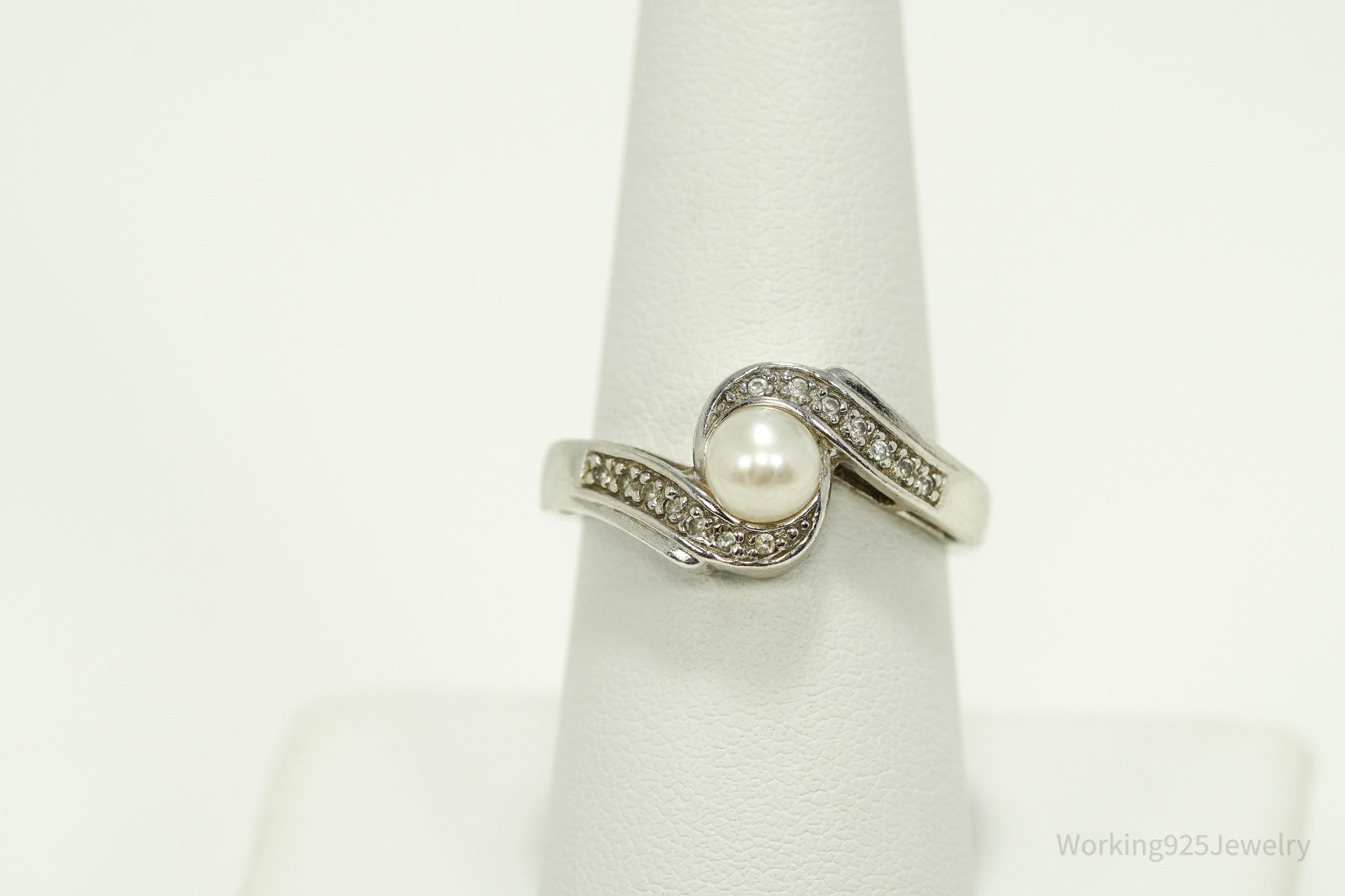 Vintage Pearl & Cubic Zirconia Sterling Silver Ring - Size 8