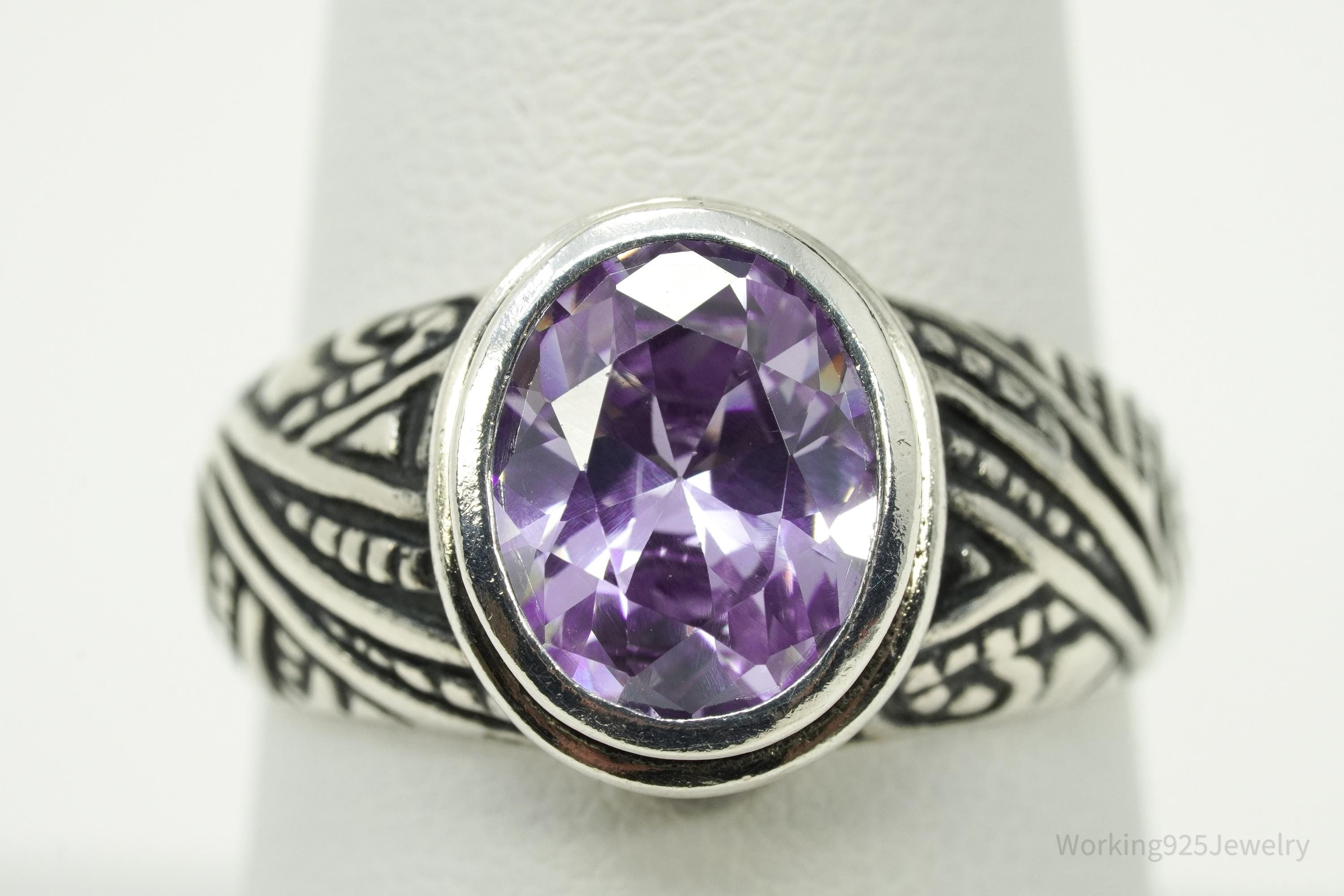 Vintage Purple Cubic Zirconia Sterling Silver Ring - Size 8
