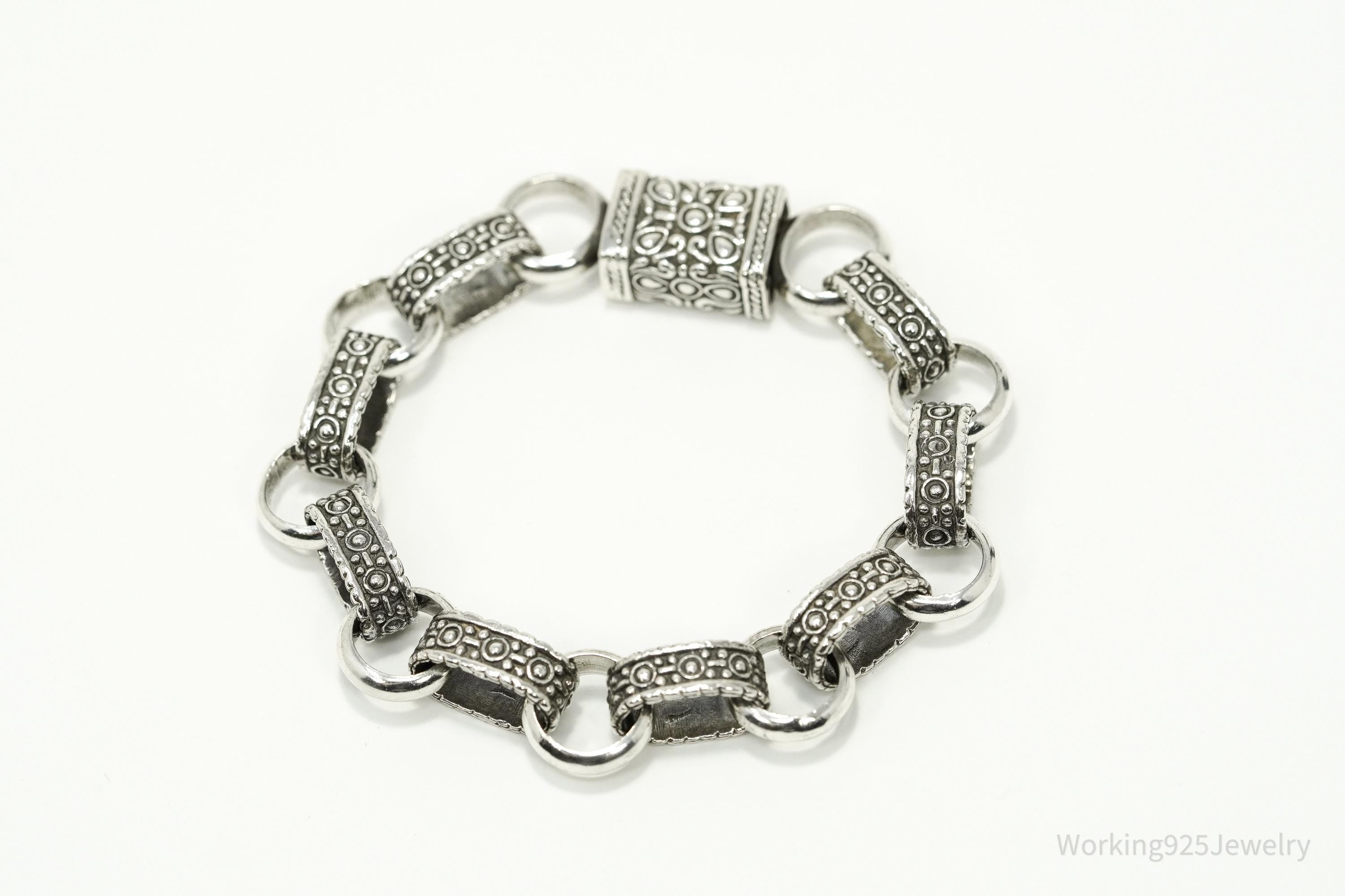 Vintage Ornate Filigree Design Large Link Silver Chain Bracelet 8"