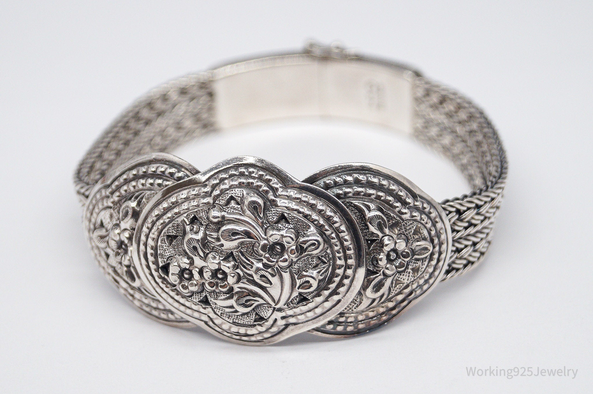 Vintage Floral Pattern Repousse Sterling Silver Bracelet 7 1/8"