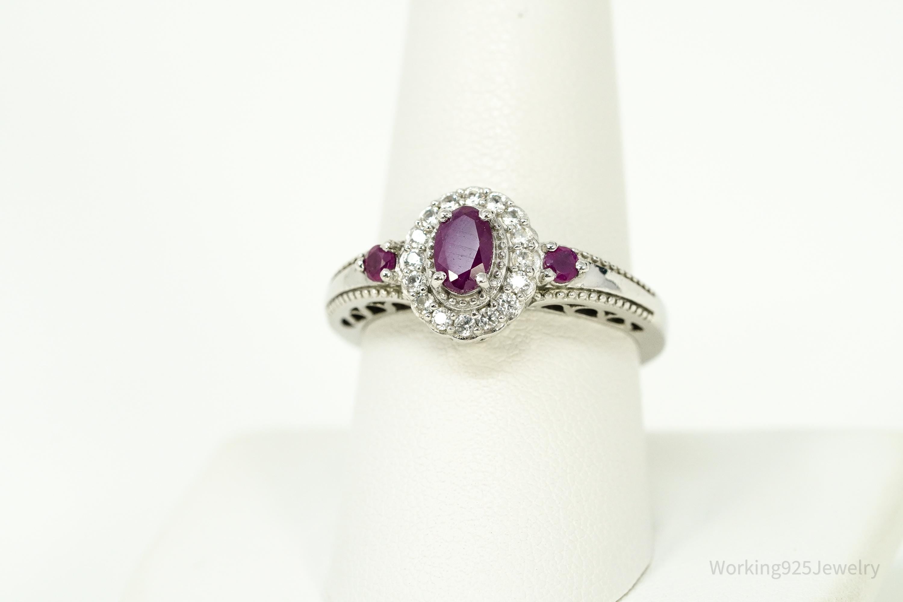 Ruby & White Zircon Sterling Silver Ring - Size 8.75