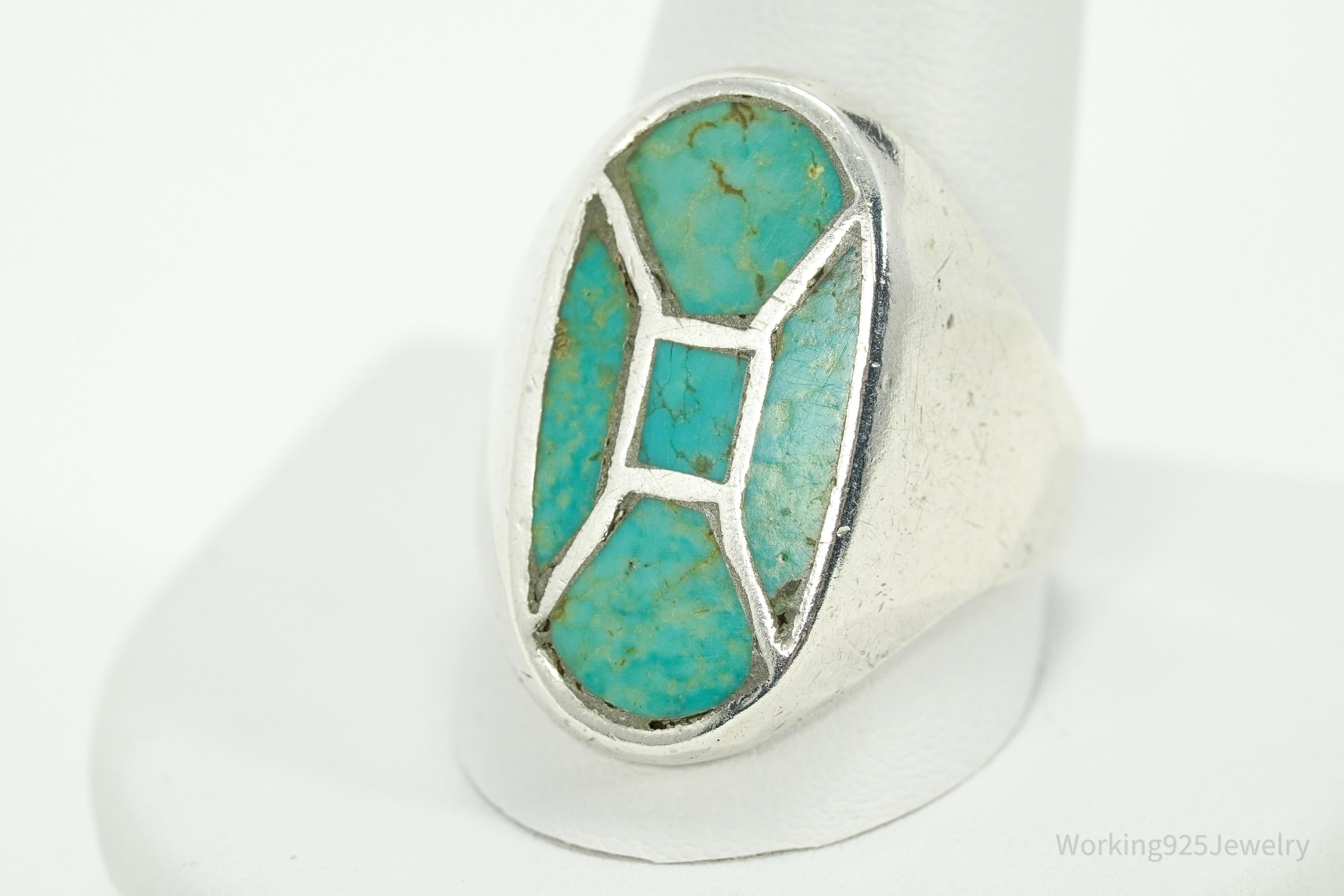 Vintage Native American Turquoise Inlay Heavy Silver Ring - Size 12.25