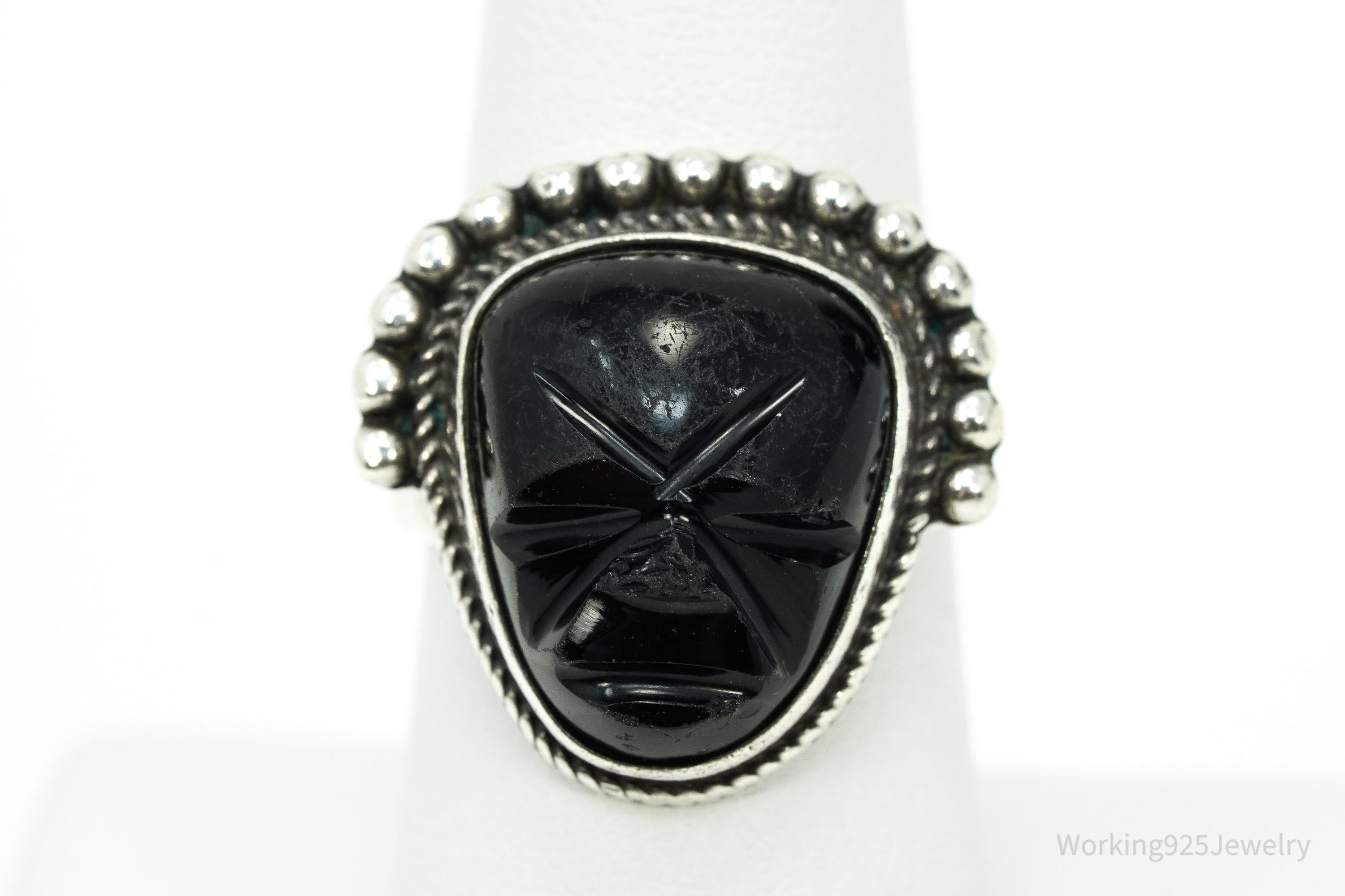Vintage Mexican Carved Black Onyx Mask Silver Ring - Size 7.75