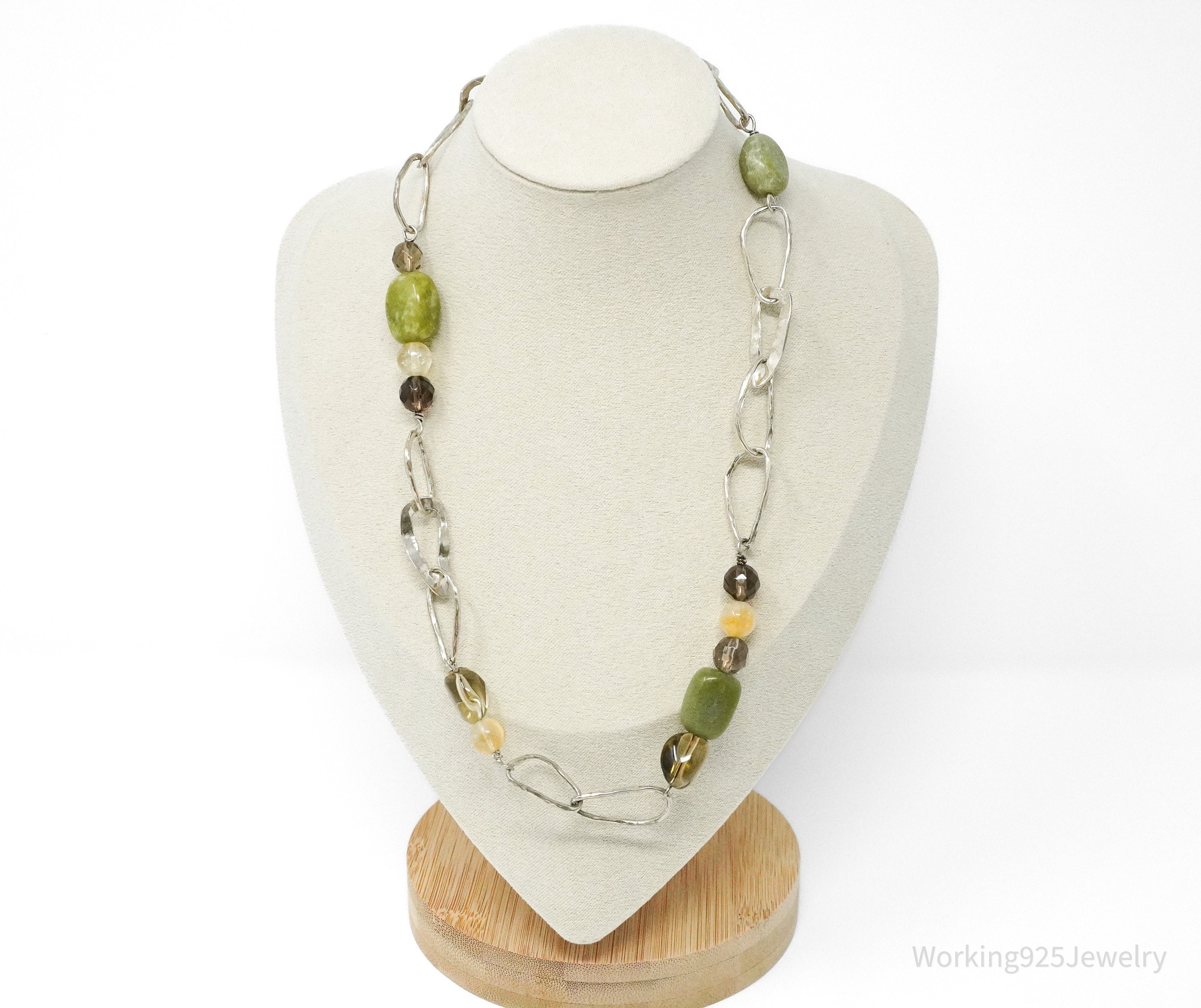 Retired Silpada Jade Smoky Topaz Citrine Chain Link Sterling Silver Necklace 18"