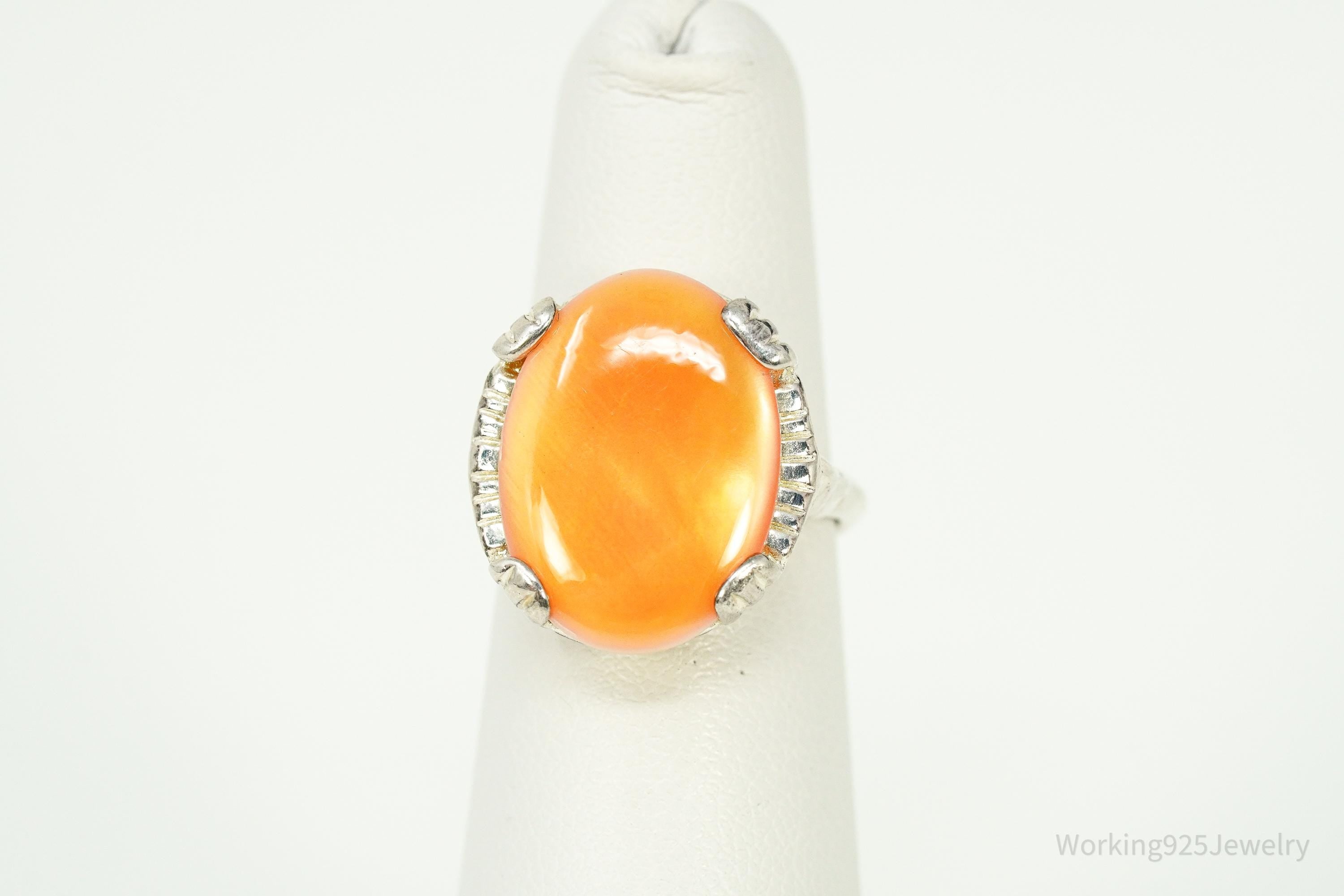 Vintage Orange Mother Of Pearl Sterling Silver Ring - Size 5