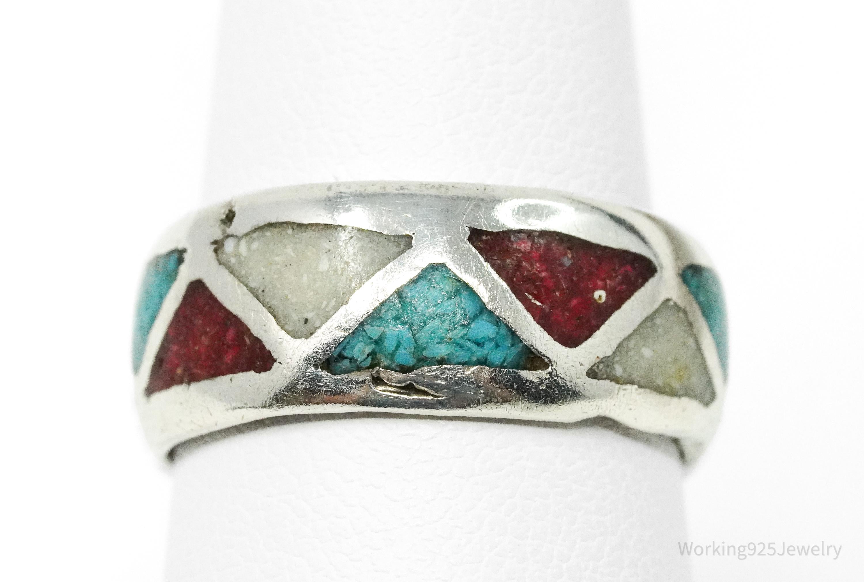 Vintage Native American Stone Inlay Unsigned Silver Ring - Size 7.25