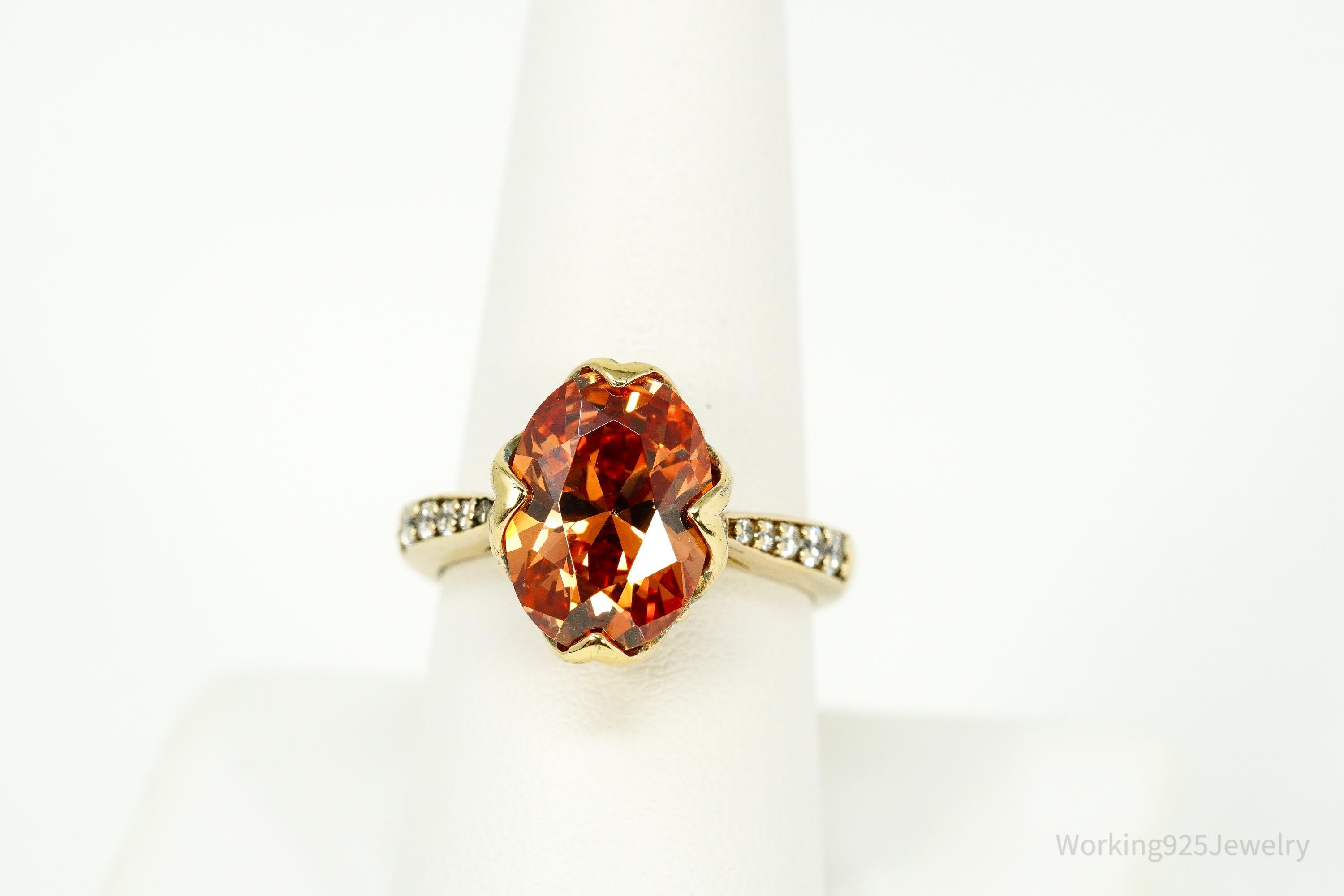 Vintage Large Orange & White Cubic Zirconia Gold Vermeil Sterling Silver Ring - Size 9