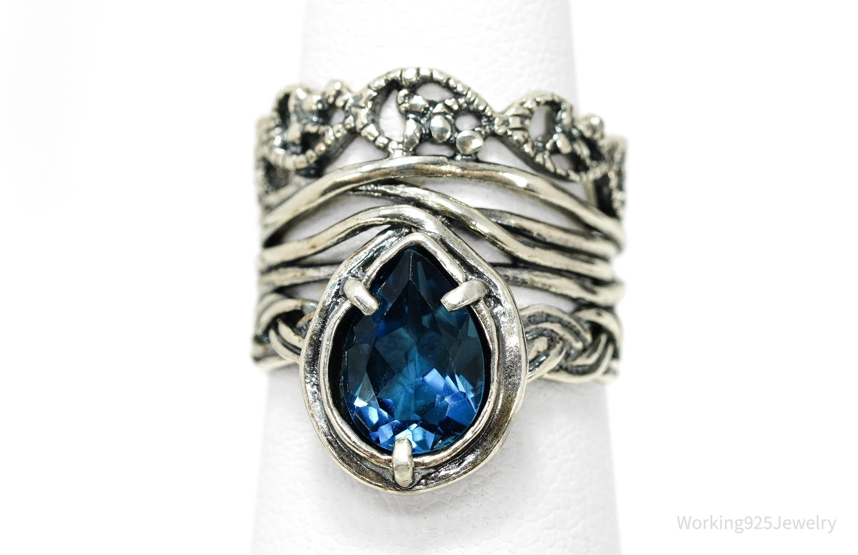 Vintage Israel Designer Paz PZ Blue Topaz Sterling Silver Ring - Size 6.25