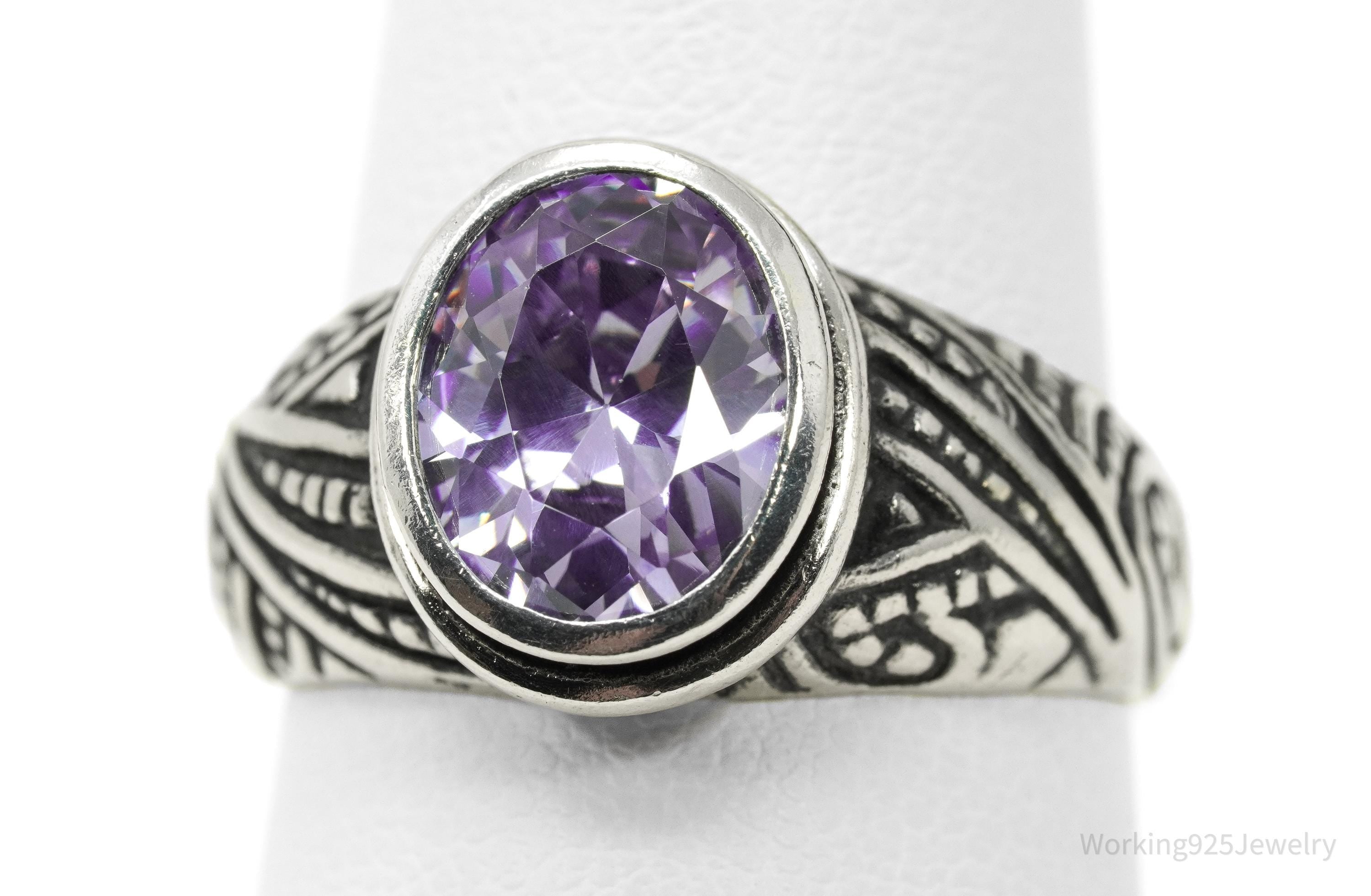 Vintage Purple Cubic Zirconia Sterling Silver Ring - Size 8