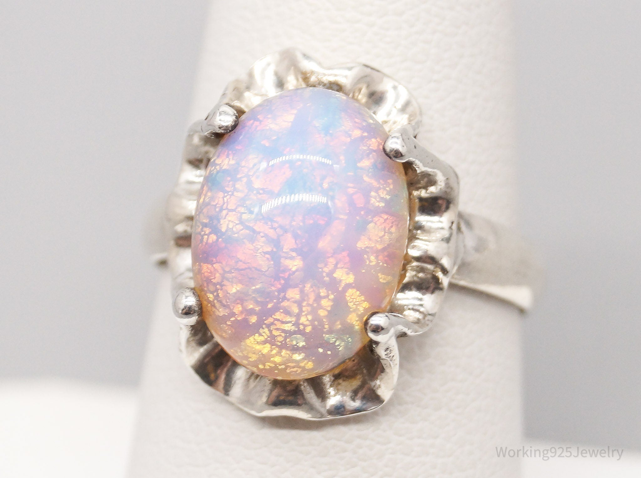 Vintage Mexico Faux Opal Modernist Style Sterling Silver Ring - Size 8.5