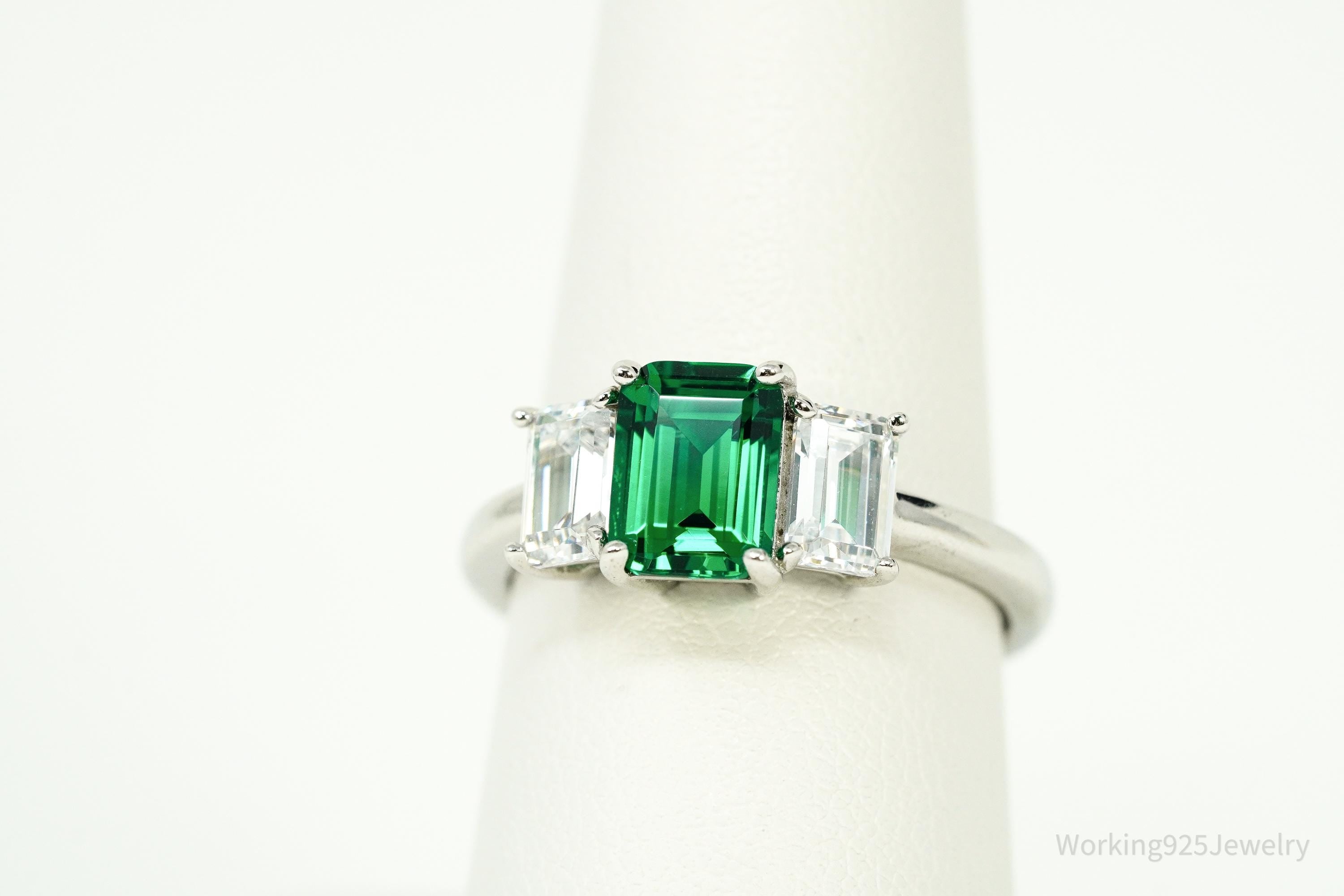 Vintage Lab Emerald & Cubic Zirconia Sterling Silver Ring - Size 8