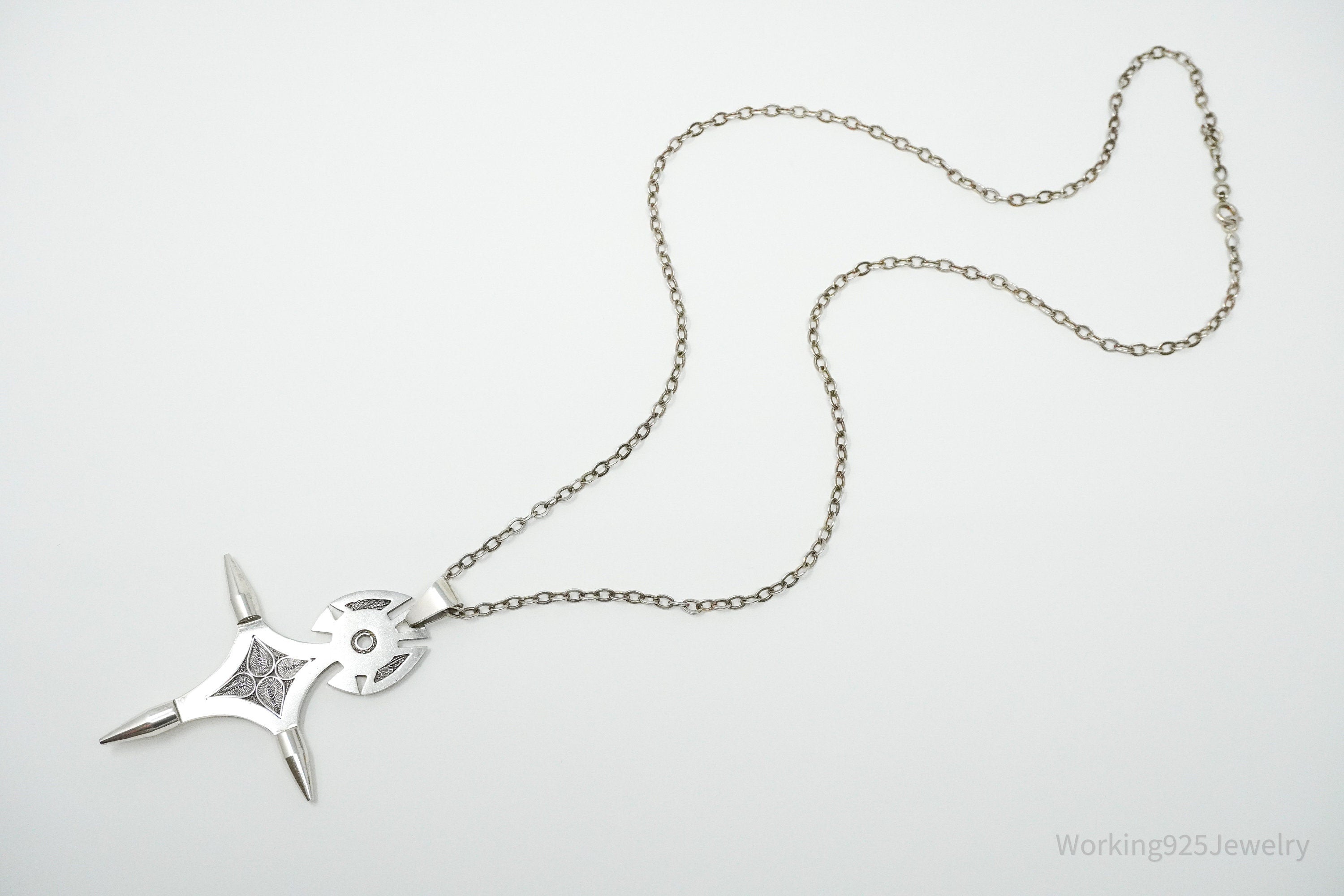 Vintage Large African Cross Silver Necklace 24"