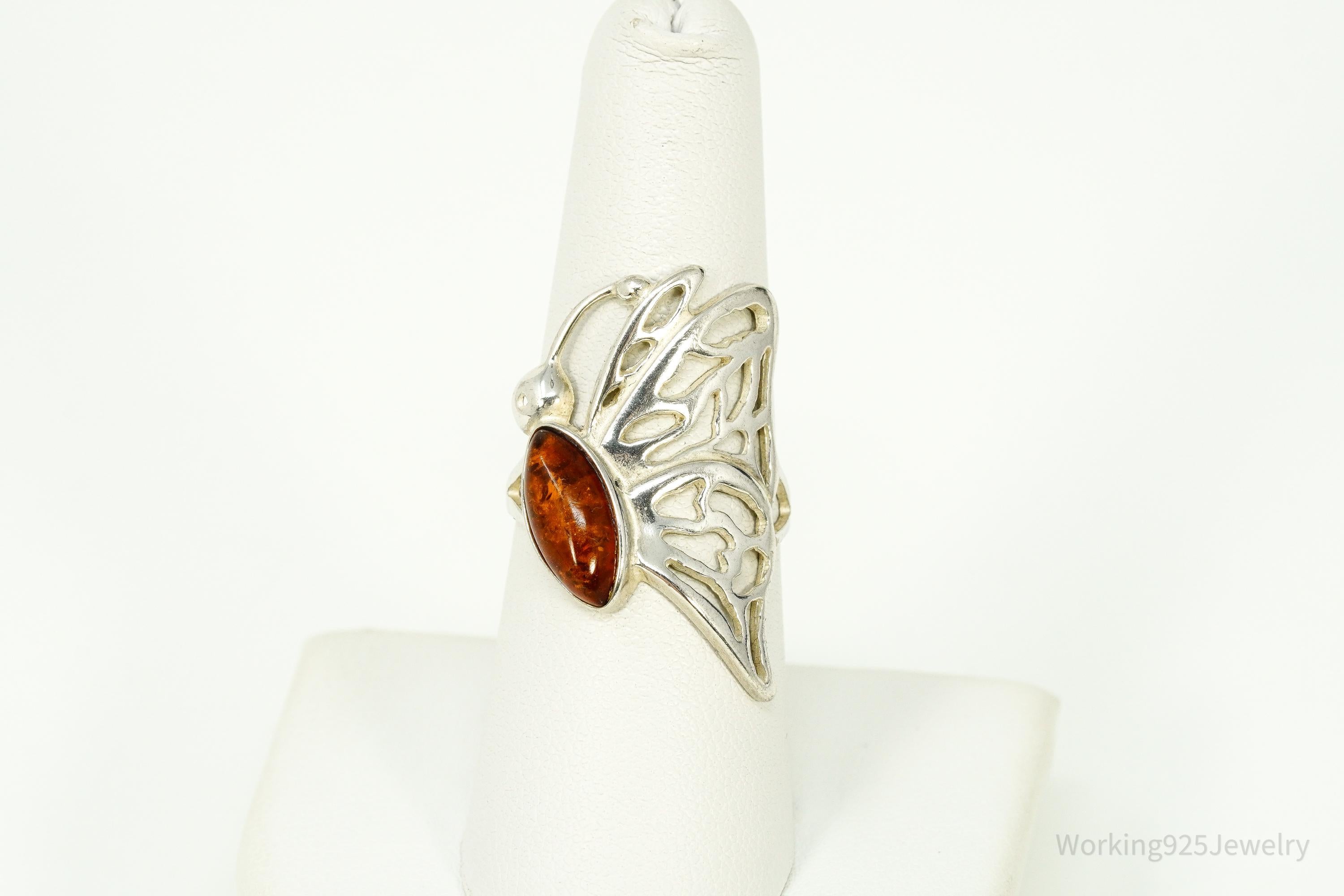 Vintage Amber Butterfly Sterling Silver Ring - Size 7.5