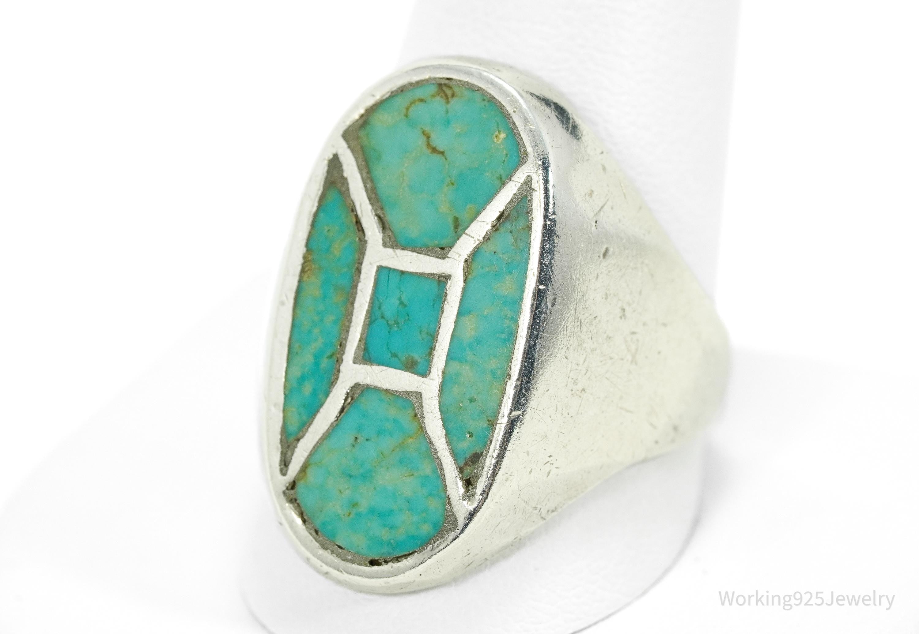 Vintage Native American Turquoise Inlay Heavy Silver Ring - Size 12.25