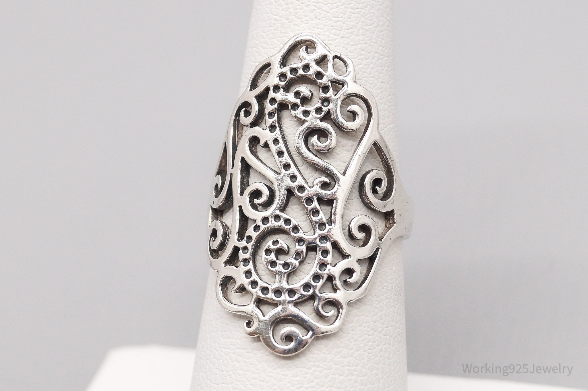 Vintage Long Scroll Swirls Filigree Sterling Silver Ring - Size 6.5