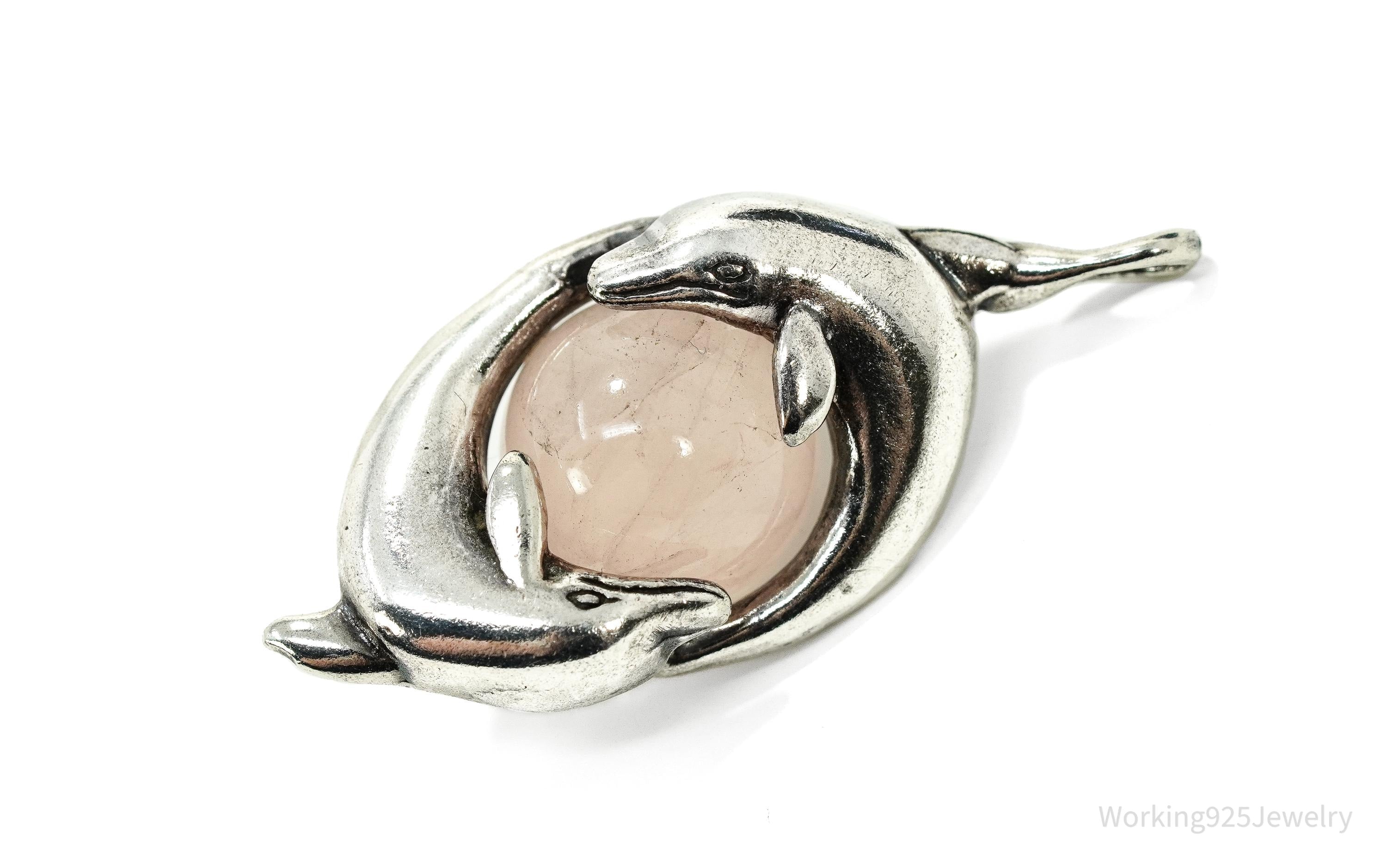 Vintage Rose Quartz & Dolphins Silver Necklace Pendant