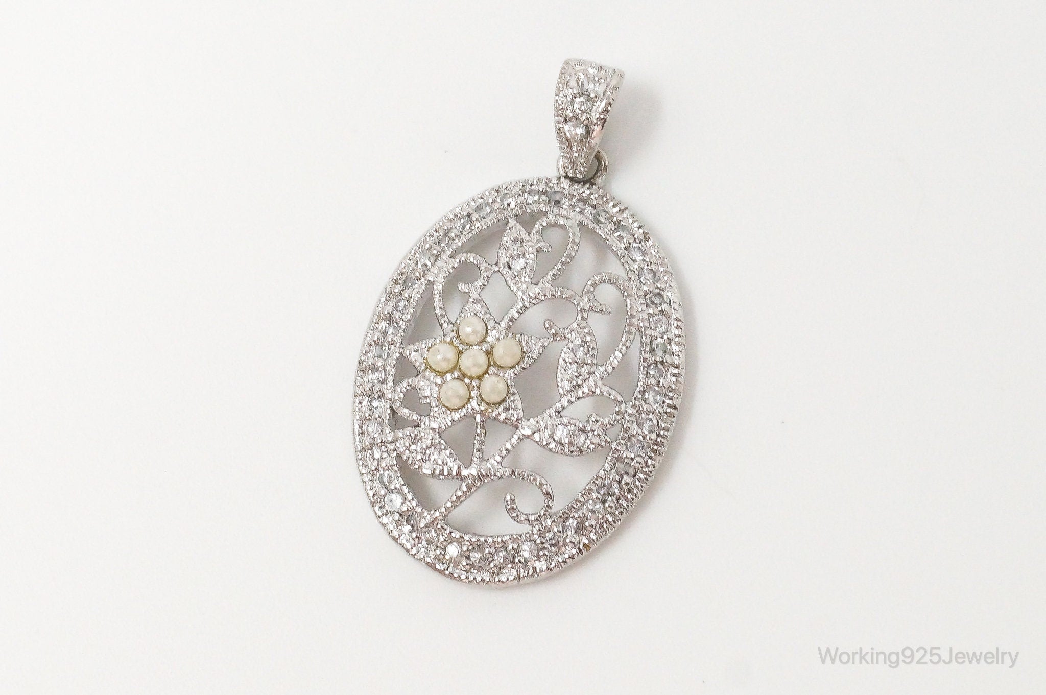 Large Vintage Faux Pearl Cubic Zirconia Sterling Silver Pendant