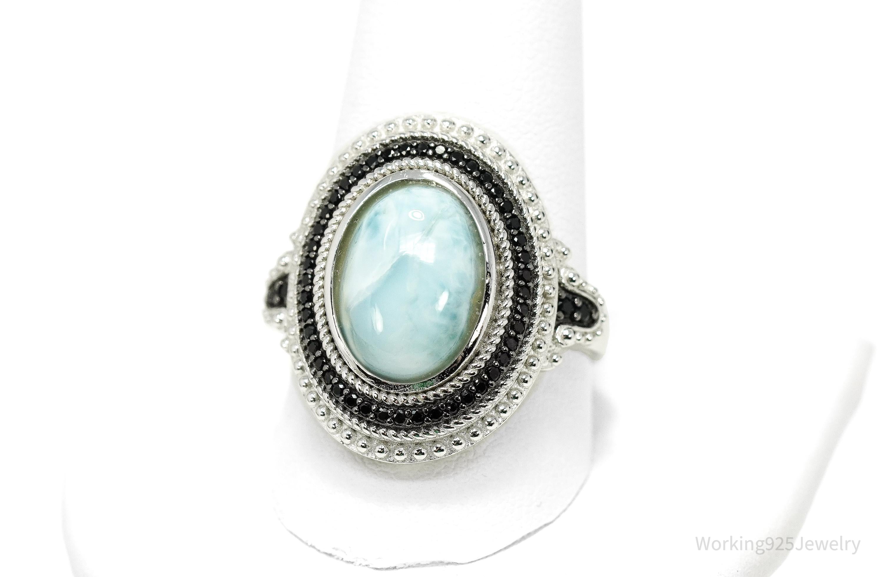 Vintage Blue Larimar & Black Spinel Sterling Silver Ring - Size 11