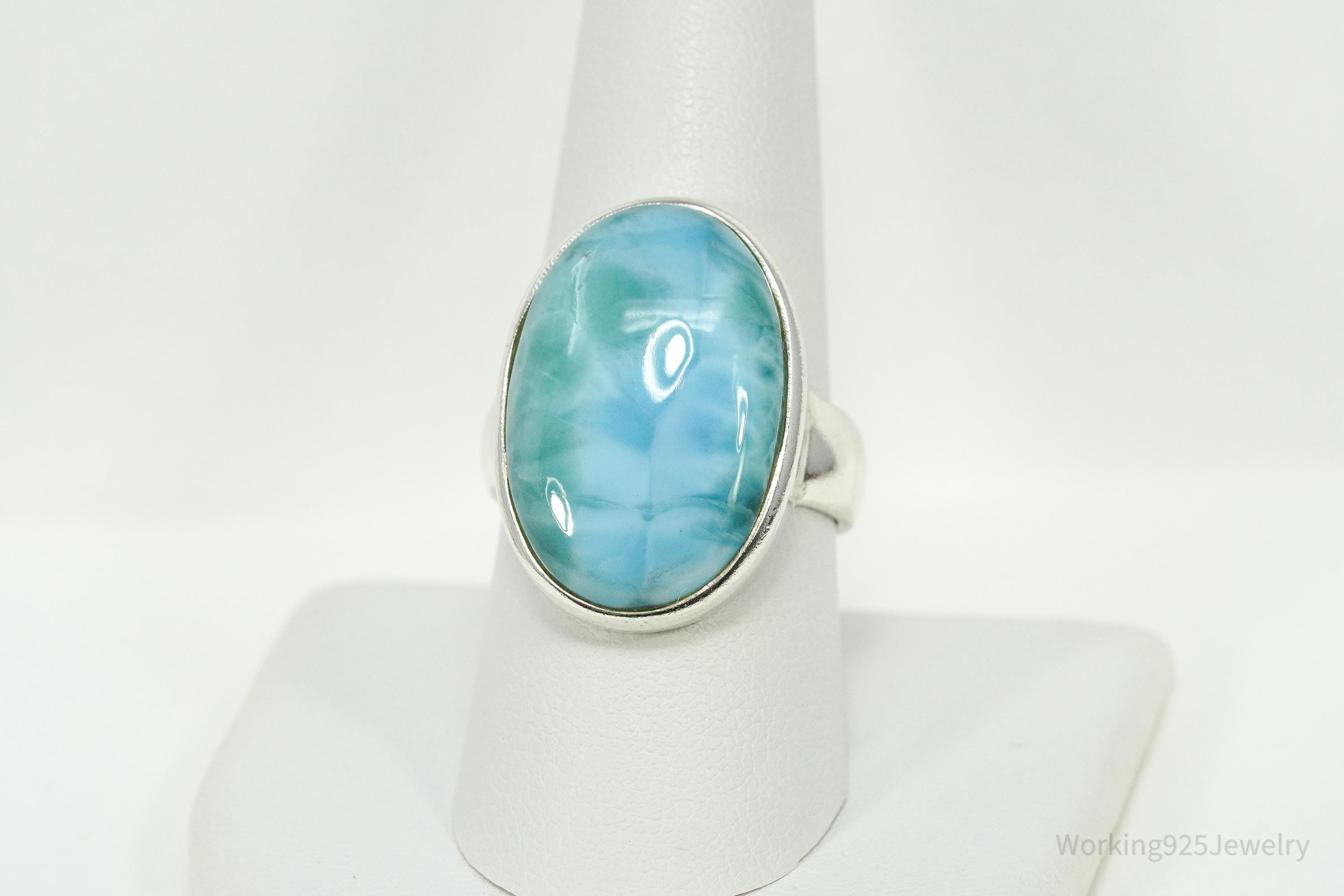 Vintage Large Blue Larimar Sterling Silver Ring - Size 9
