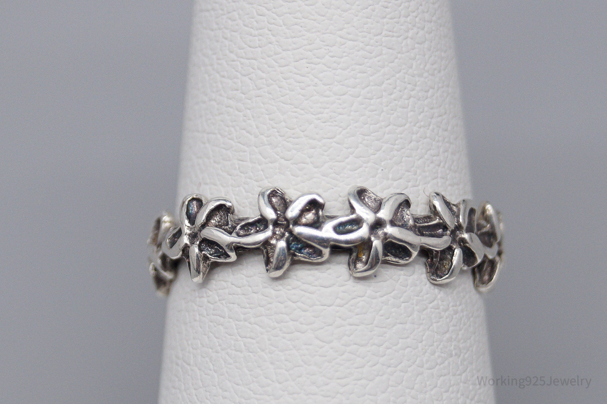 Vintage Flowers Pattern Sterling Silver Band Ring Size 6.75