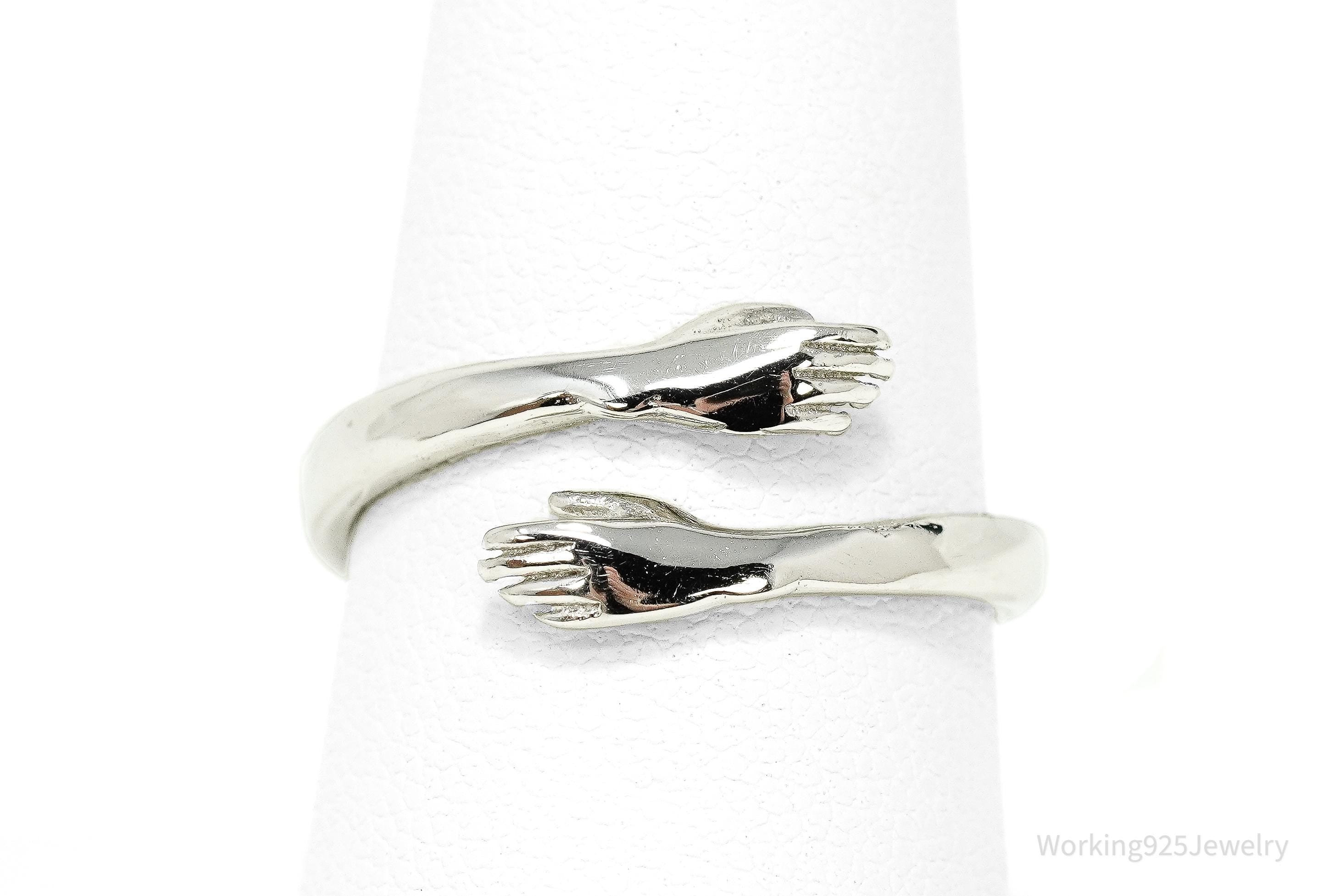 Vintage Hugging Hands Sterling Silver Wrap Ring - Size 8 Adjustable
