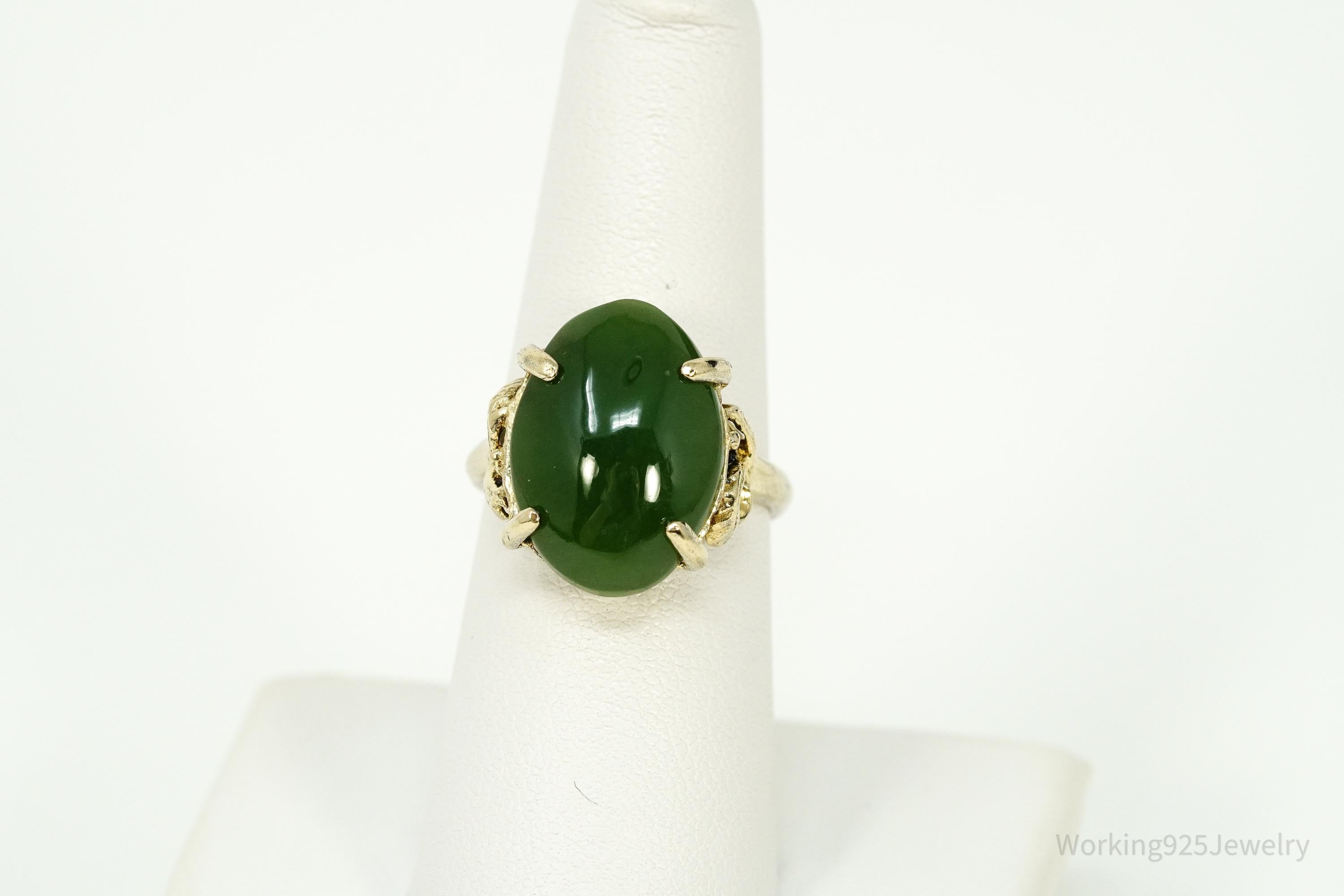 Vintage Green Jade Gold Over Sterling Silver Ring Size 6.75
