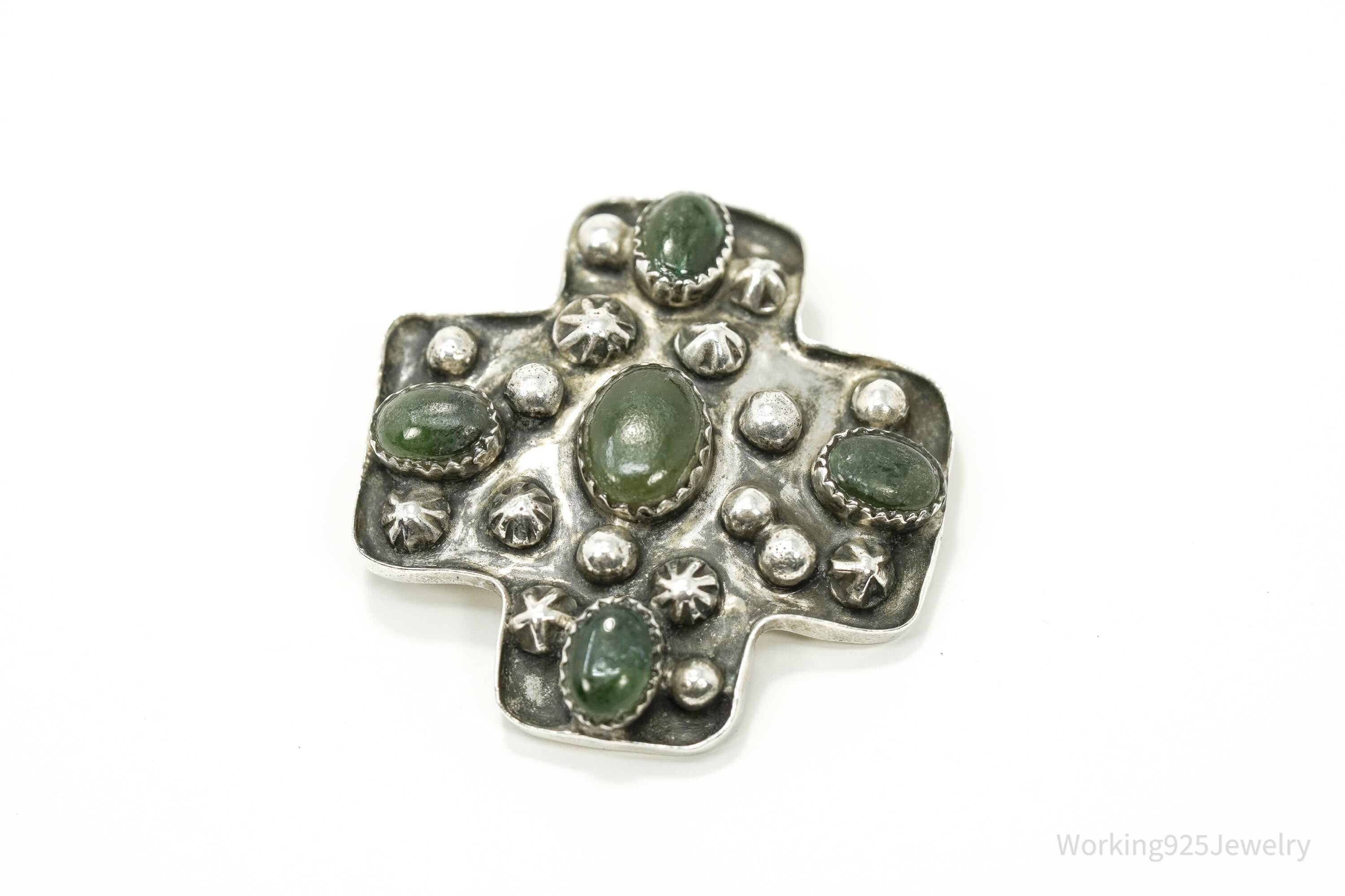 Native American Style Cross With Green Stones Sterling Silver Pin