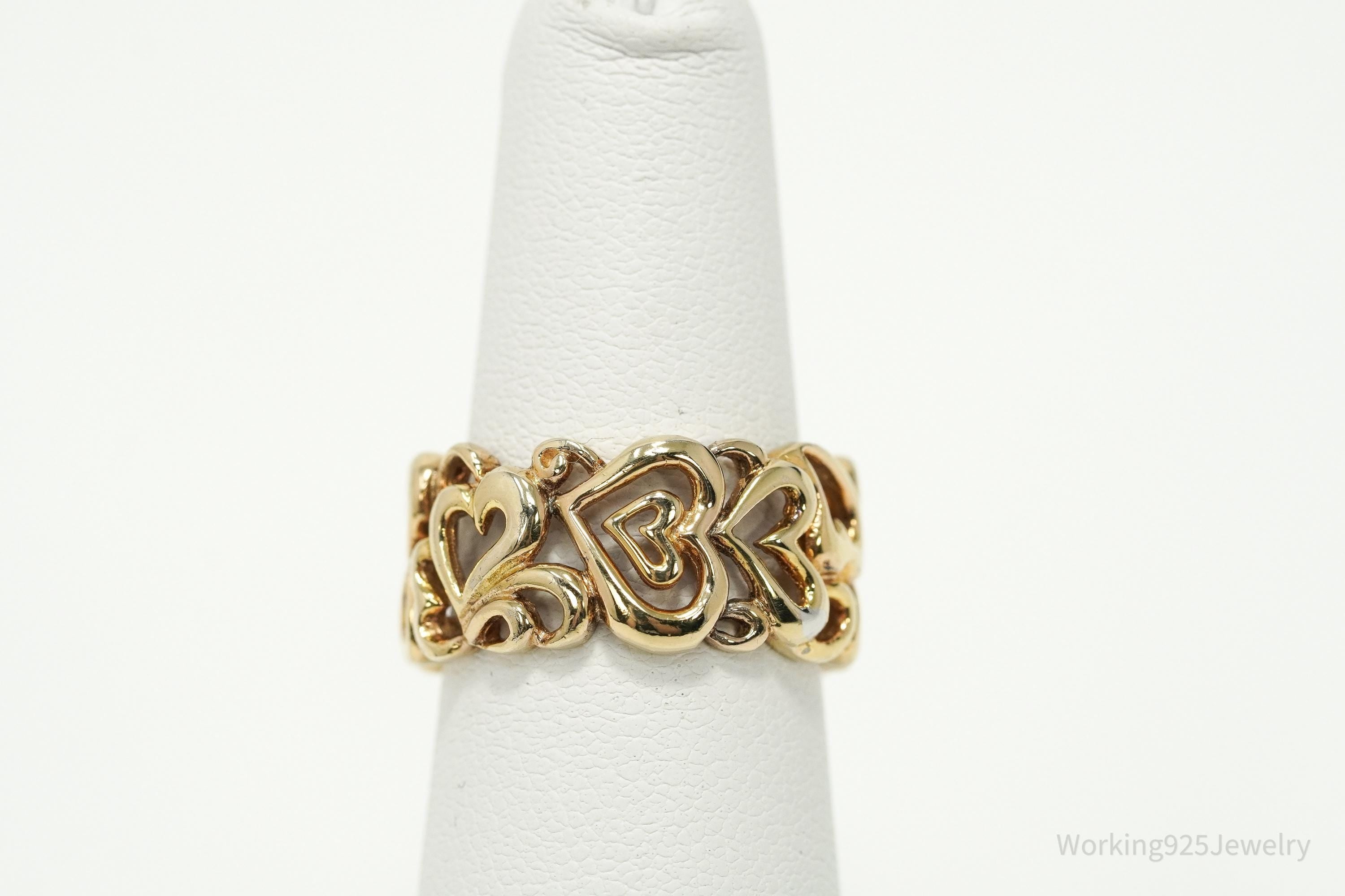 Vintage Gold Vermeil Hearts Wide Band Sterling Silver Ring Adjustable Sz 6.75