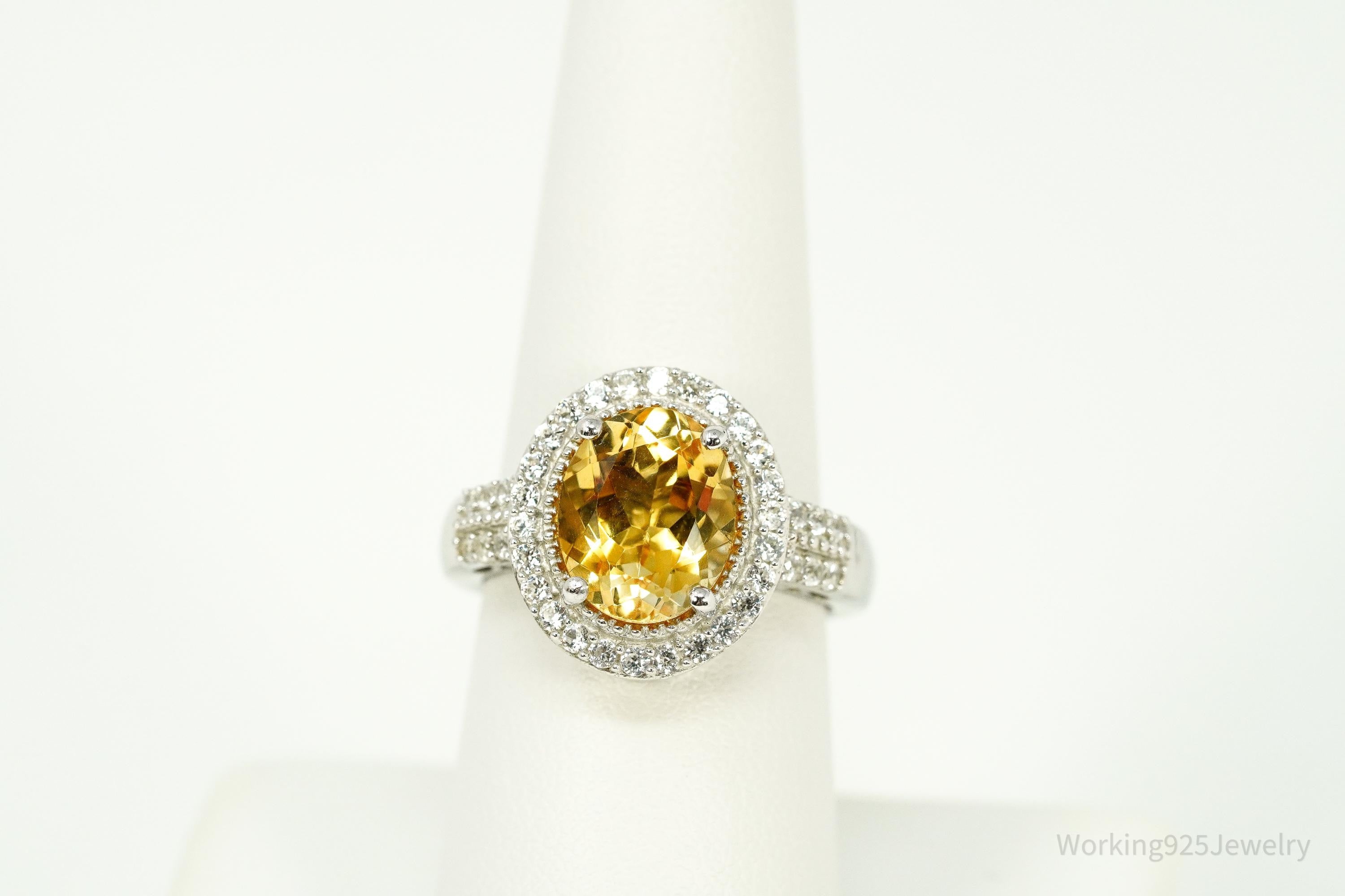 Vintage Large Citrine & Cubic Zirconia Sterling Silver Statement Ring - Size 8