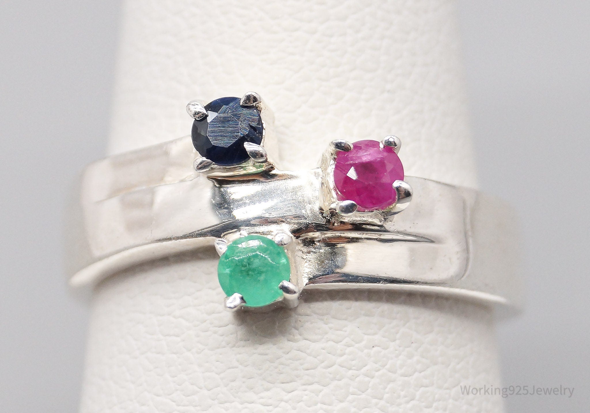 Vintage Ruby Emerald Sapphire Sterling Silver Ring - Size 7