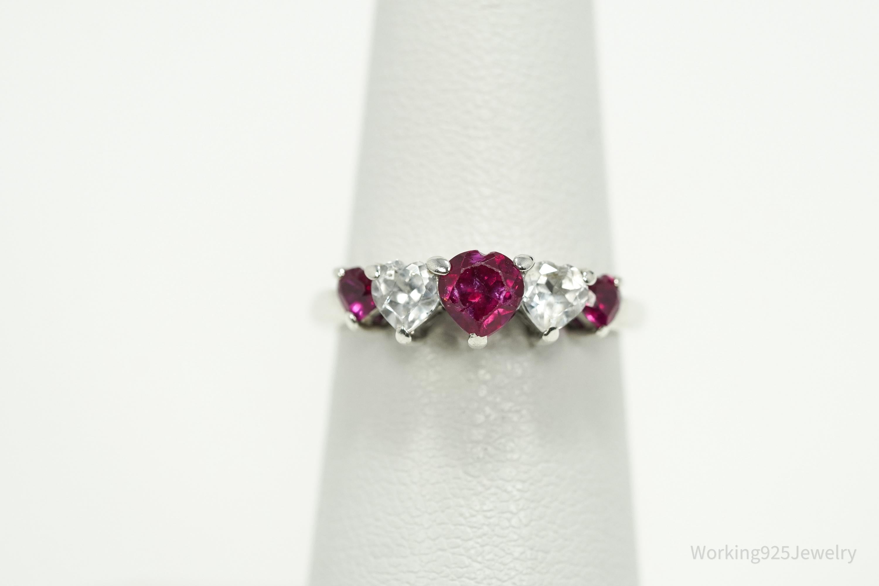 Vintage Ruby & White Topaz Hearts Sterling Silver Ring - Size 5.5