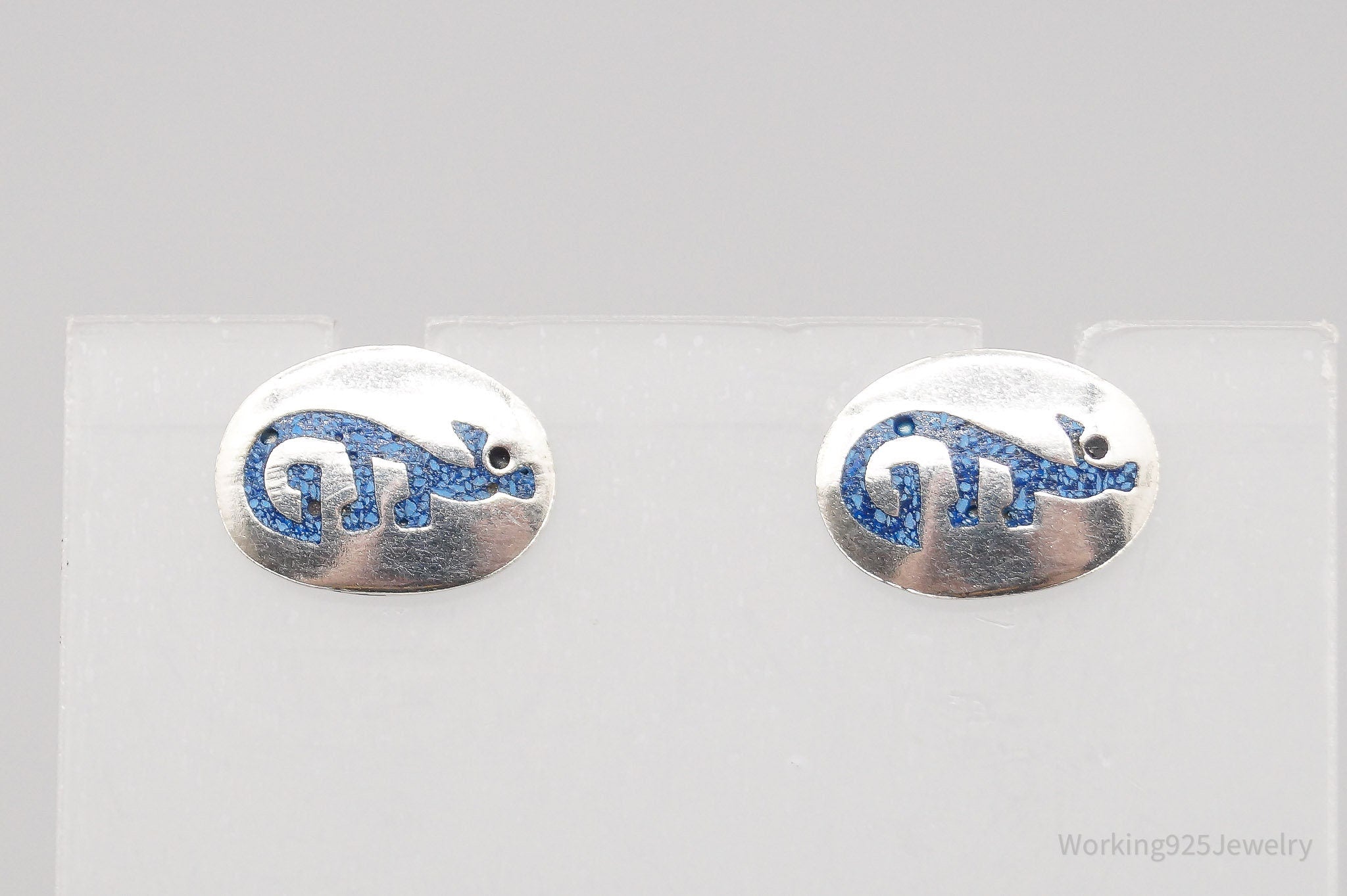 Vintage Lapis Lazuli Inlay Lizard Sterling Silver Earrings