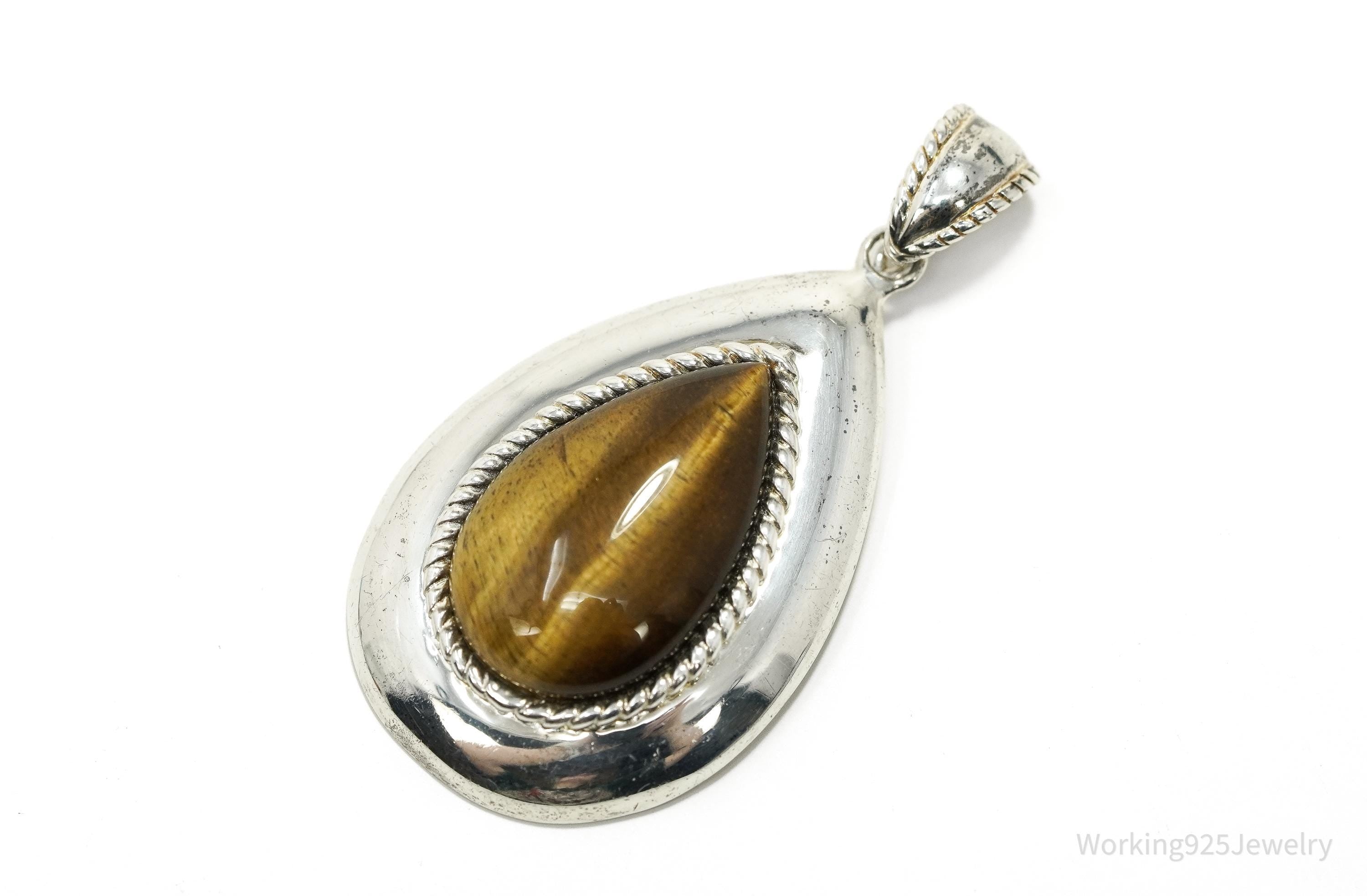 Vintage Large Teardrop Tigers Eye Sterling Silver Necklace Pendant 2"