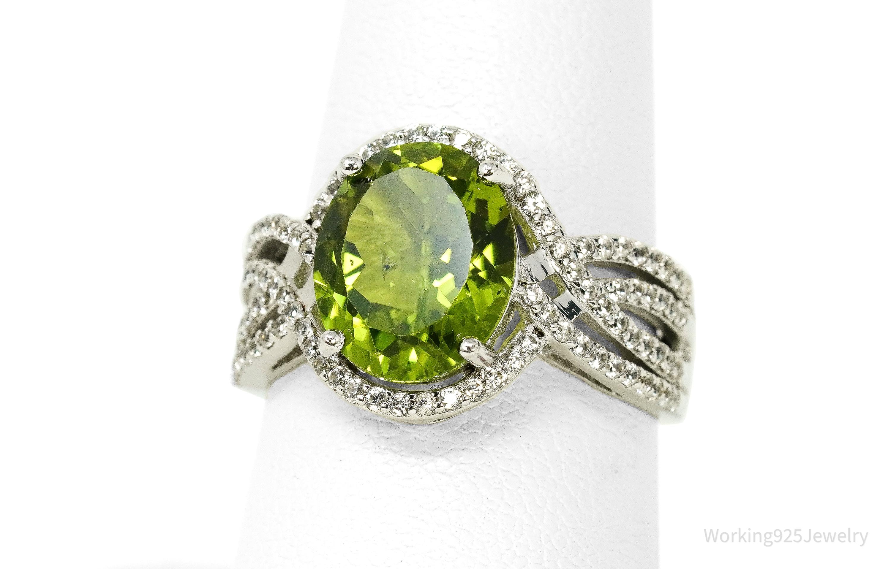 Green Peridot & White Zircon Rhodium Over Sterling Silver Ring - Size 8